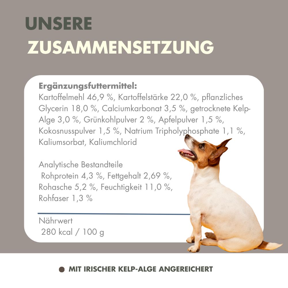Verpackung von Irish Pure Dental-Snack mit Kelp-Alge & Grünkohl, umgeben von Zutaten.