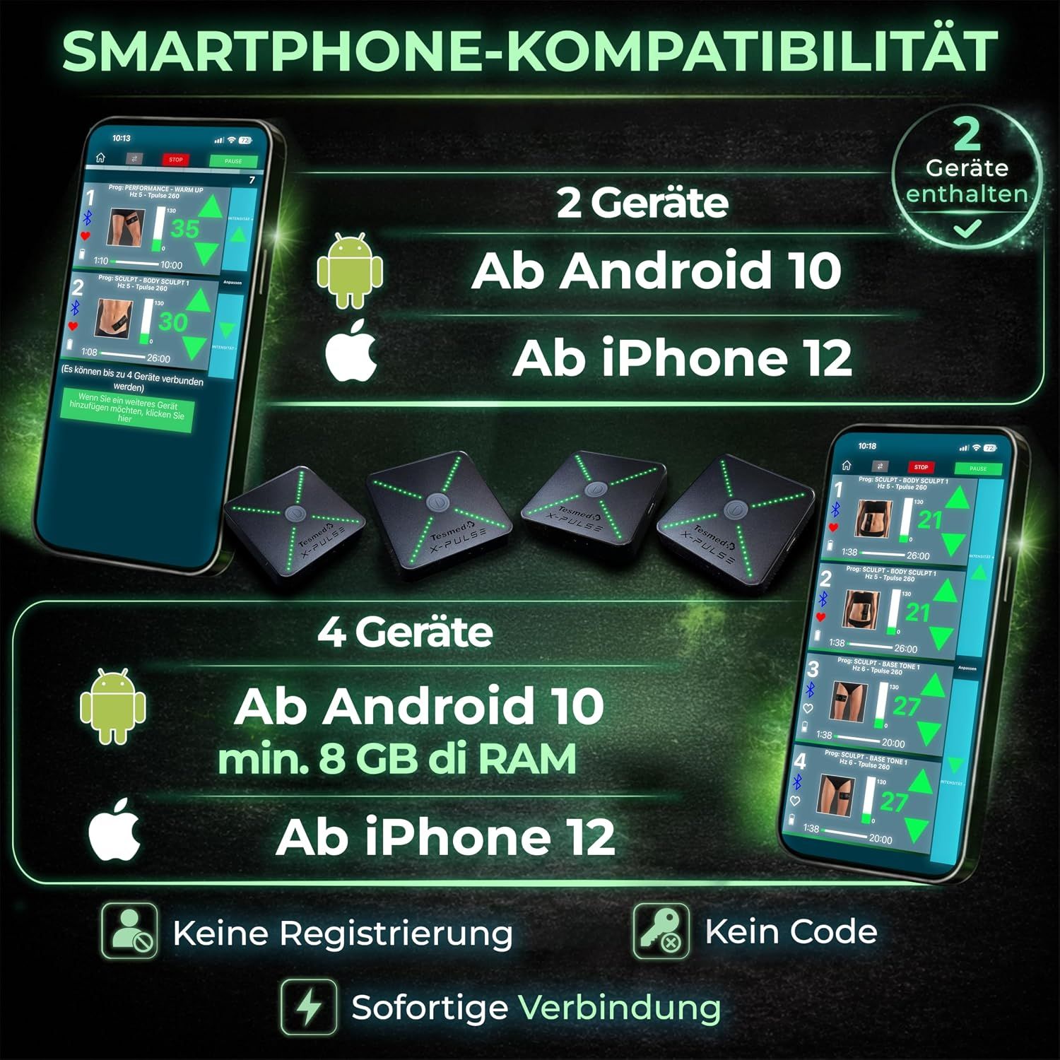 TESMED X-Pulse kabelloser EMS/TENS-Elektrostimulator mit App, 2 Geräte, 130 Intensitätsstufen