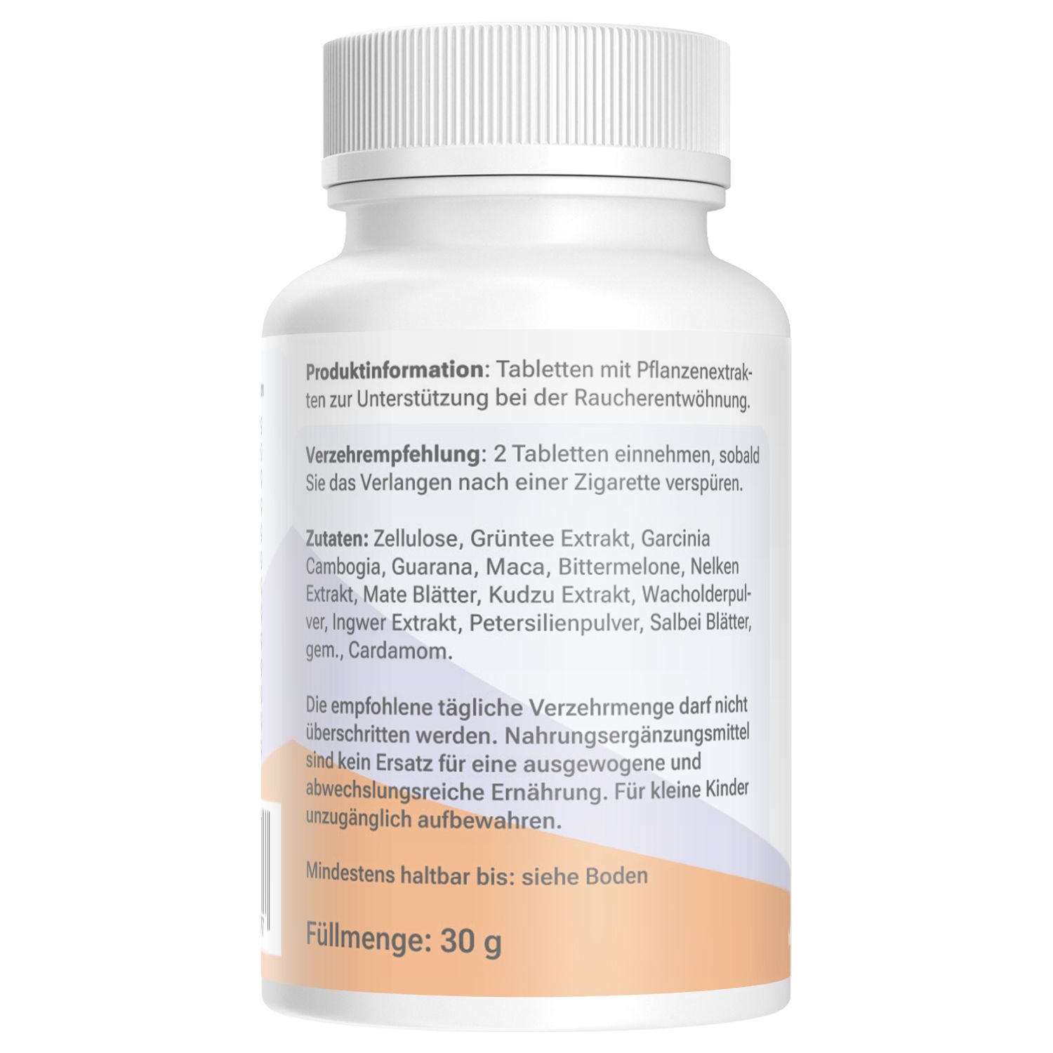 Weiße Tablettenflasche mit Schraubverschluss. Aufkleber mit Produktinformationen und Inhaltsstoffen. Orangefarbener Streifen am unteren Rand.