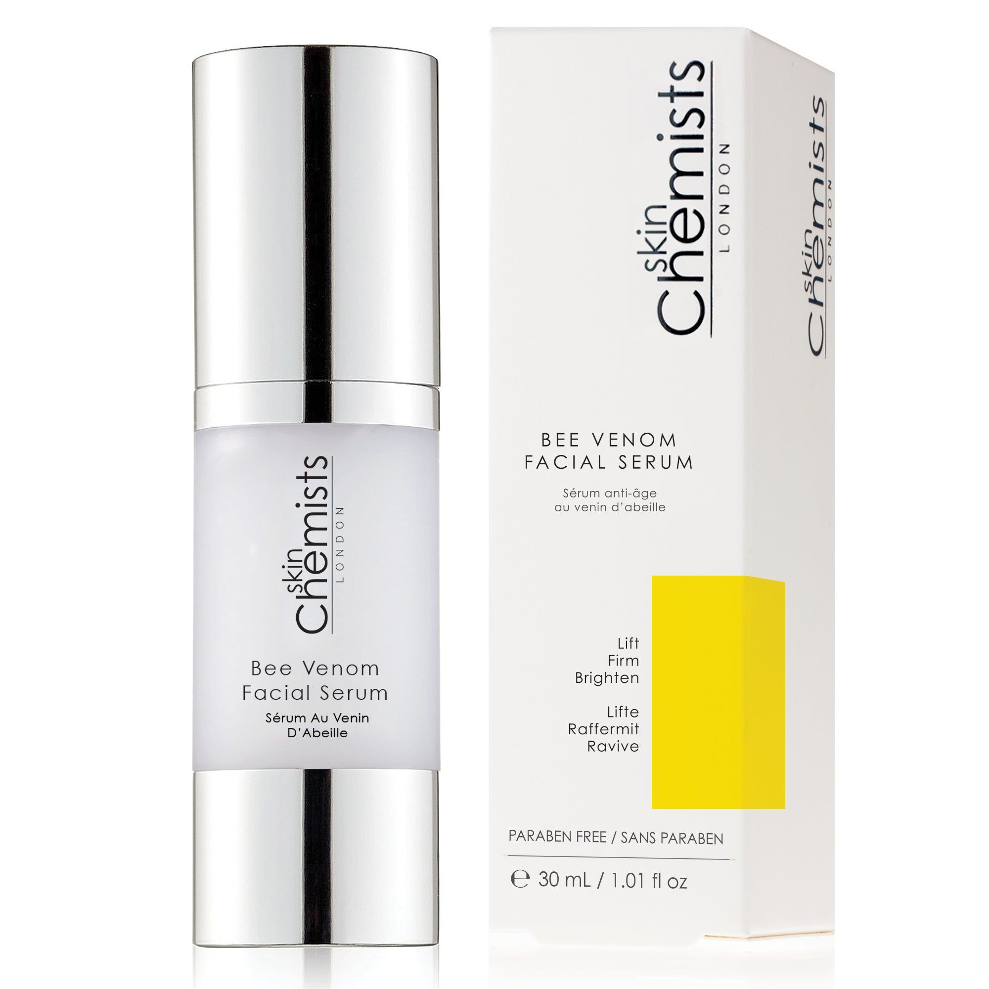 Gesichtsserum mit silberner Pumpe und weißer Flasche. Text: SkinChemists, Bee Venom Facial Serum, Sérum au Venin D'Abeille. In Verpackung.