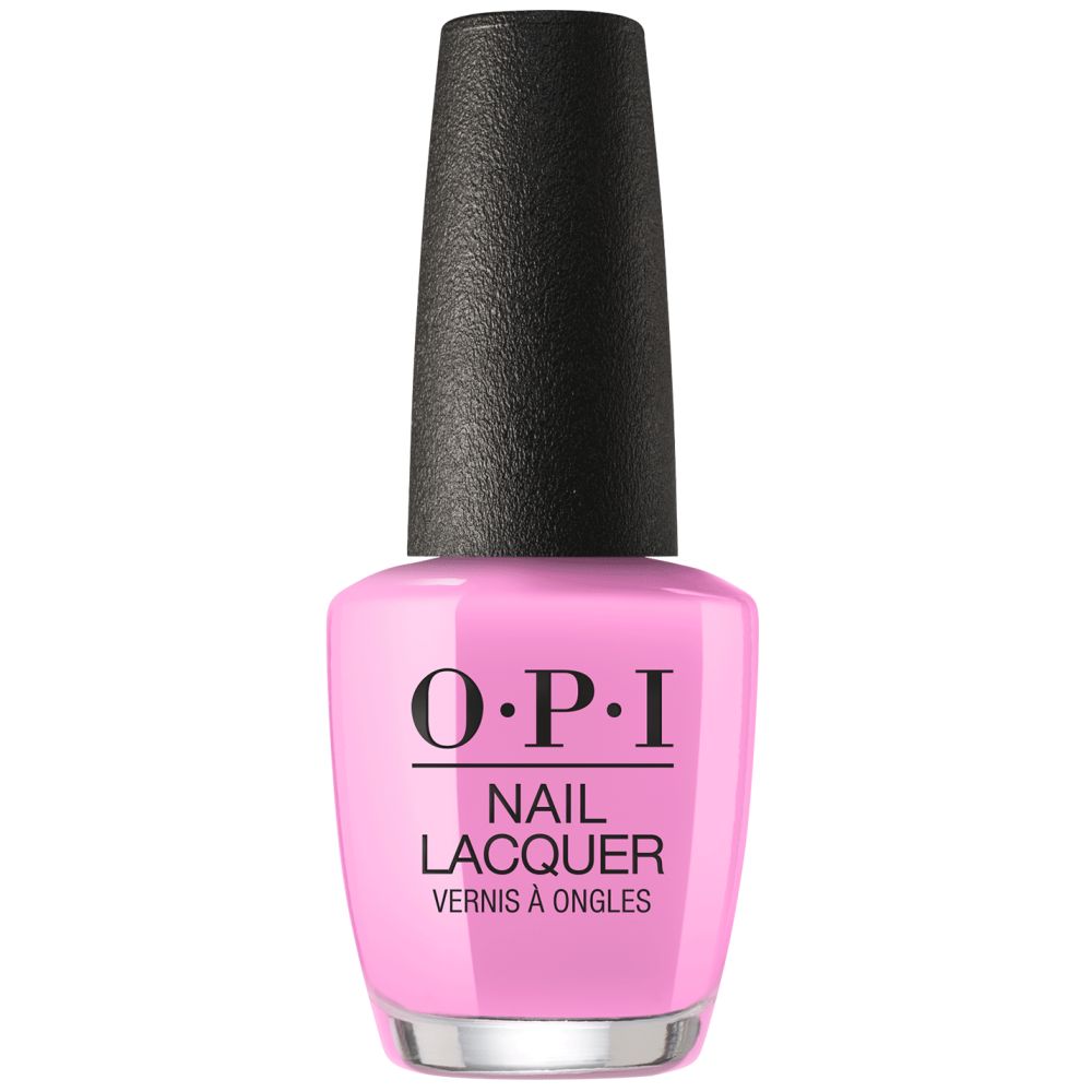 O.P.I. Nagellack-Flasche. Rosa Lack, schwarzer Deckel. Schriftzug: Nail Lacquer.