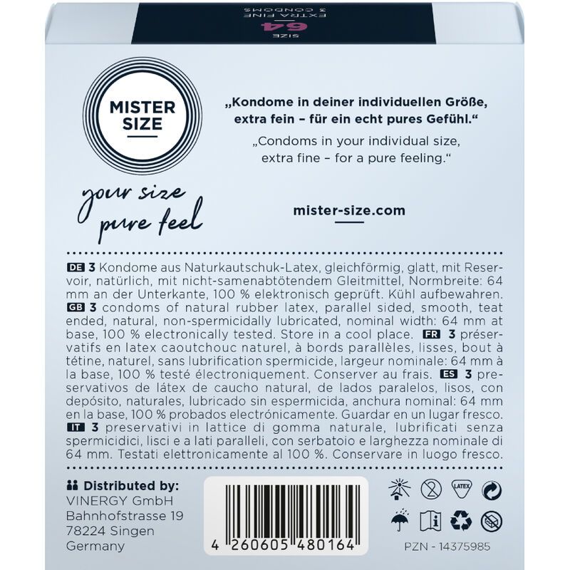 Kondom-Verpackung. Aufschrift: MISTER SIZE, 64, Extra Fine, 3 Kondome. CE-Kennzeichnung.