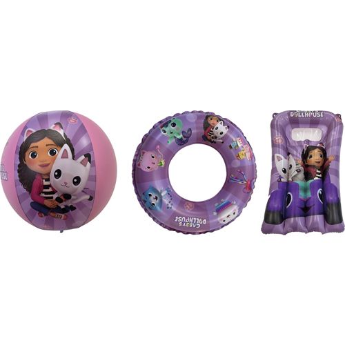 Strandset mit Strandball, Schwimmring und Kinder-Schwimminsel. Alle Artikel sind lila und mit Gabby's Dollhouse-Motiven bedruckt.