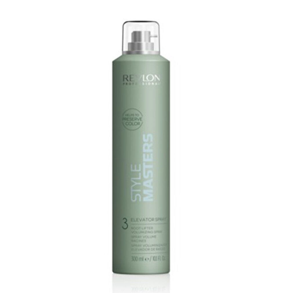 Grüne Sprühflasche mit weißem Sprühkopf. Aufschrift: Revlon, Style Masters, Elevator Spray, Root Lifter. Volumen: 300 ml.