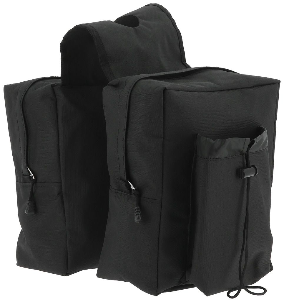 Schwarze Satteltasche mit zwei Hauptfächern und einer zusätzlichen Tasche mit Kordelzug.