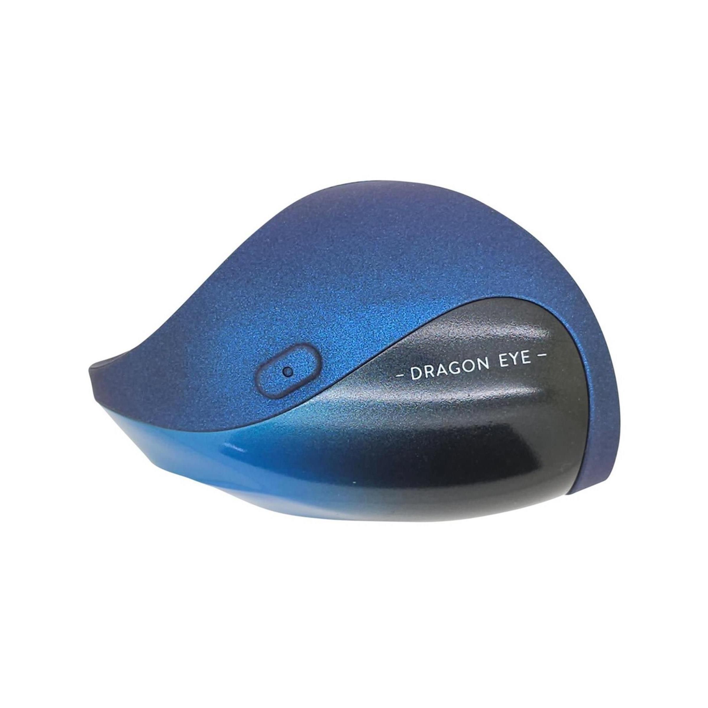 Blaues Gerät mit der Aufschrift "- DRAGON EYE -". Abgerundete Form. Oberflächenstruktur. Ein Knopf.
