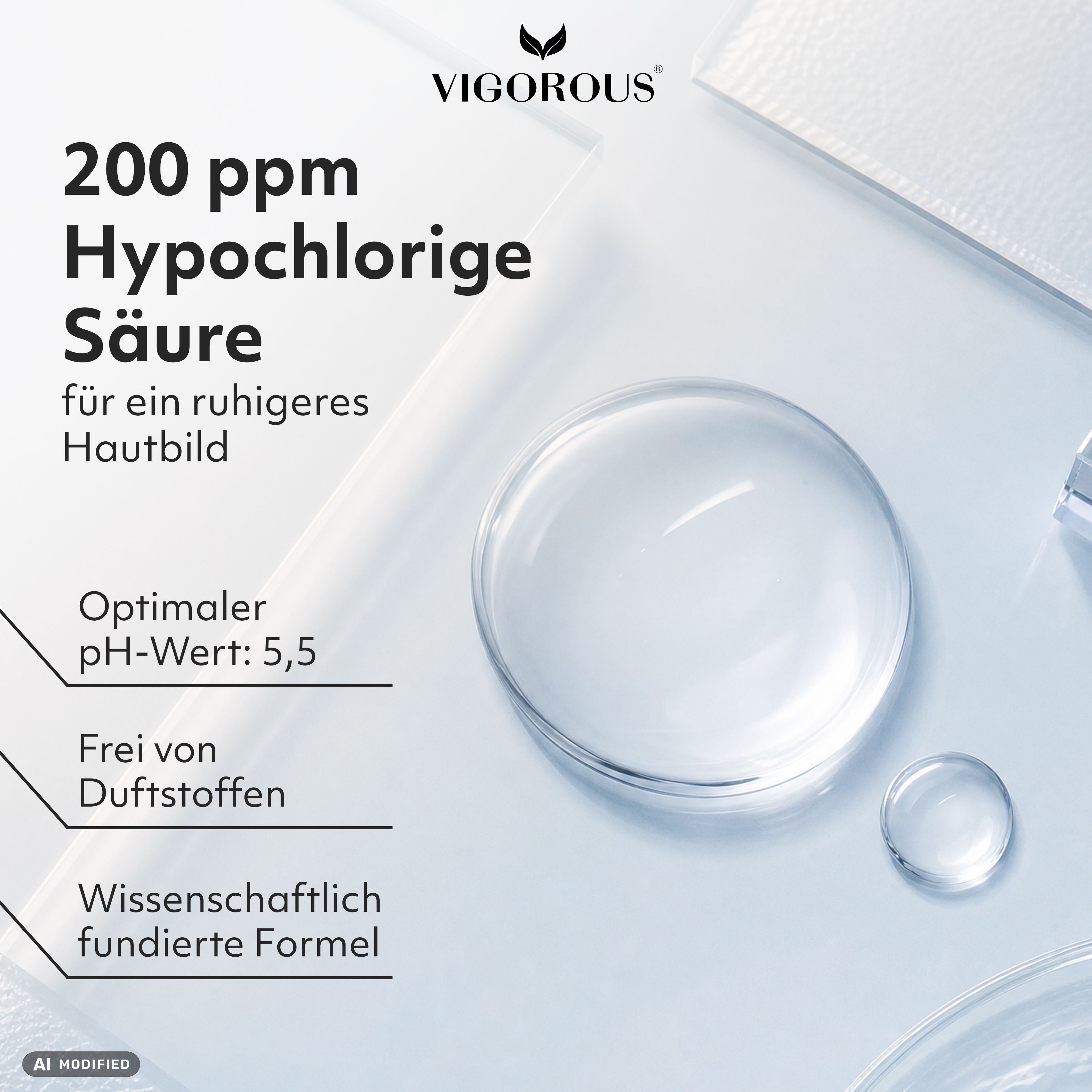 Vigorous Hypochlorous Säure 200 ppm, pH 5,5. Beruhigt die Haut.