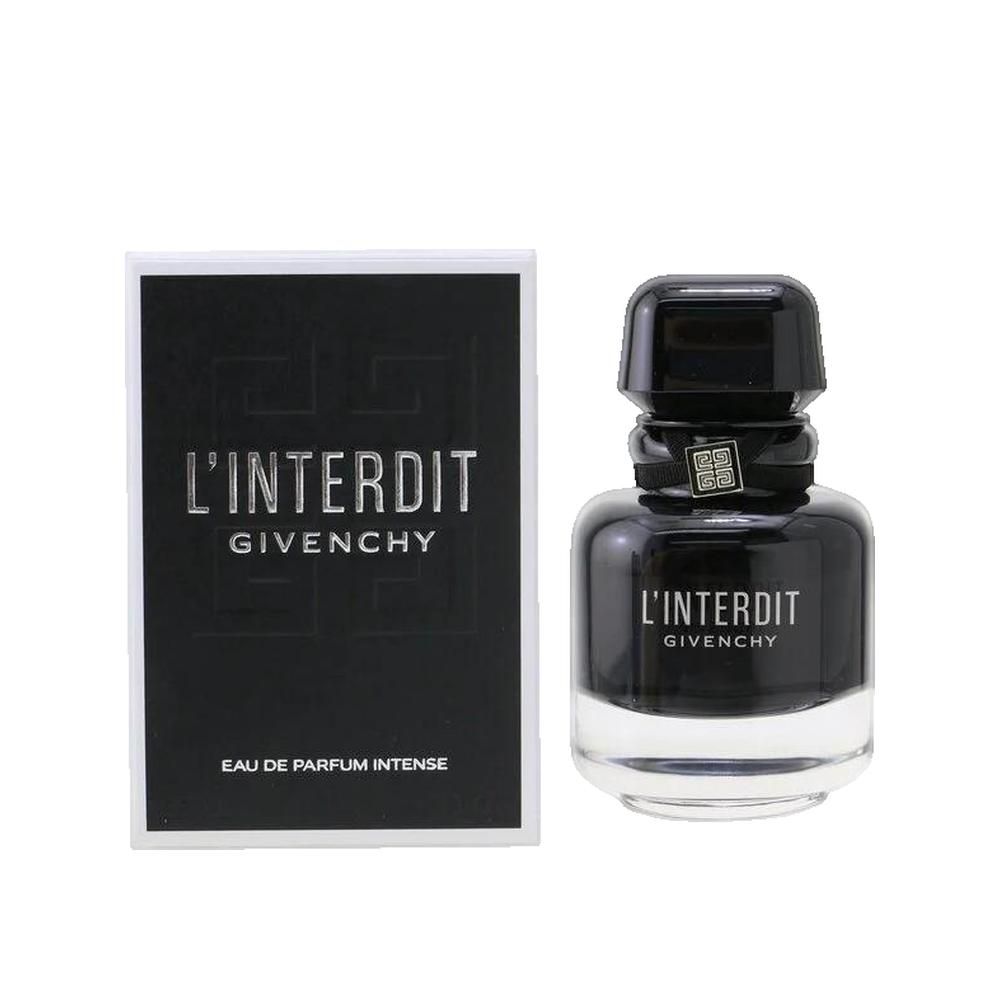 Schwarzer Flakon mit schwarzem Verschluss und Karton. Aufschrift: L'Interdit Givenchy Eau de Parfum Intense.