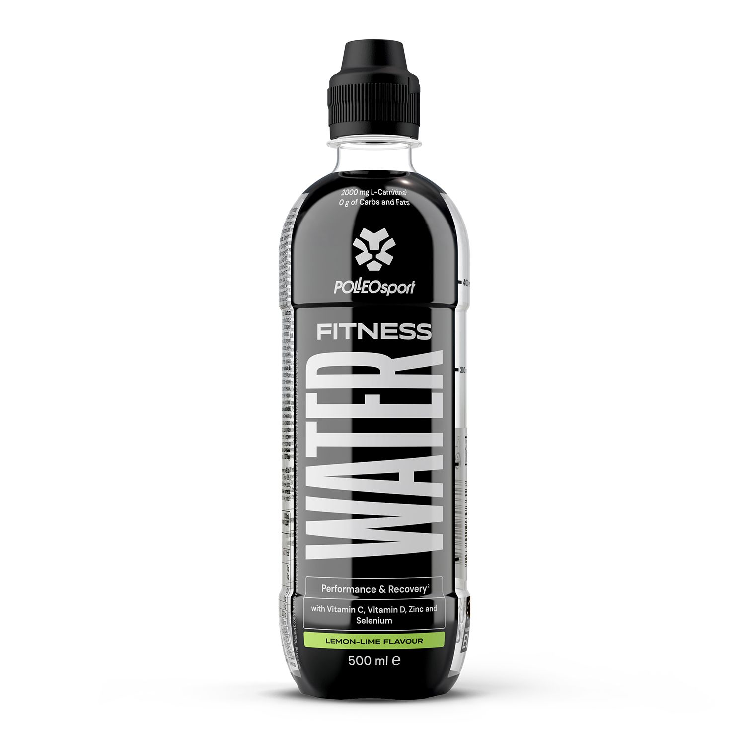 Schwarze Flasche mit Fitness Water-Aufschrift. Enthält Vitamin C, D, Zink und Selen. Zitronen-Limetten-Geschmack. 500 ml.