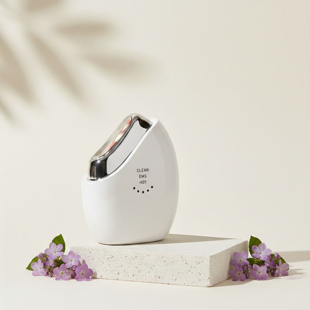Weißes EMS-Massagegerät auf einem Podest, dekoriert mit lila Blumen. Sanfter Schattenwurf.