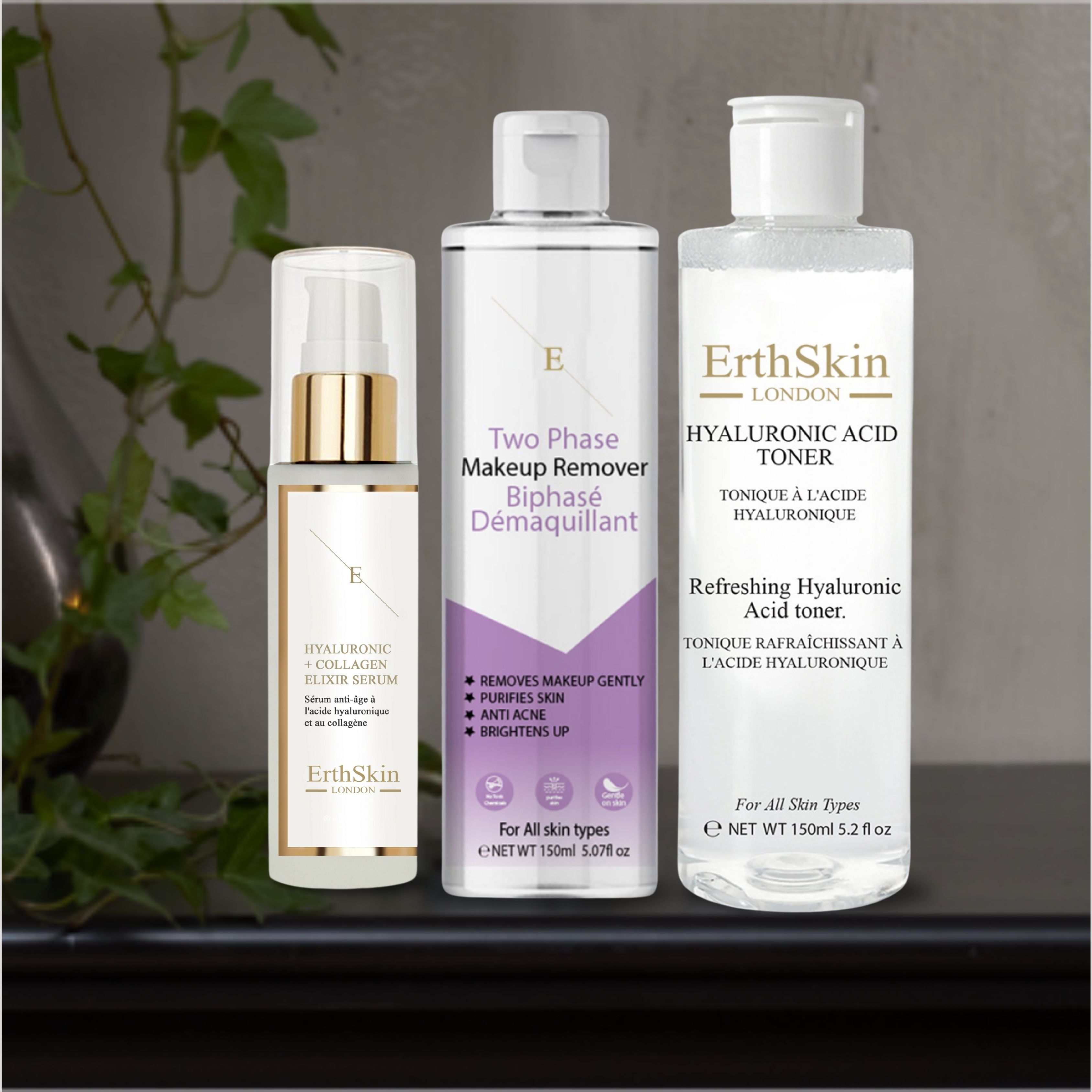 ErthSkin London Zweiphasen-Make-up-Entferner + Hyaluronsäure-Toner + Kollagenserum
