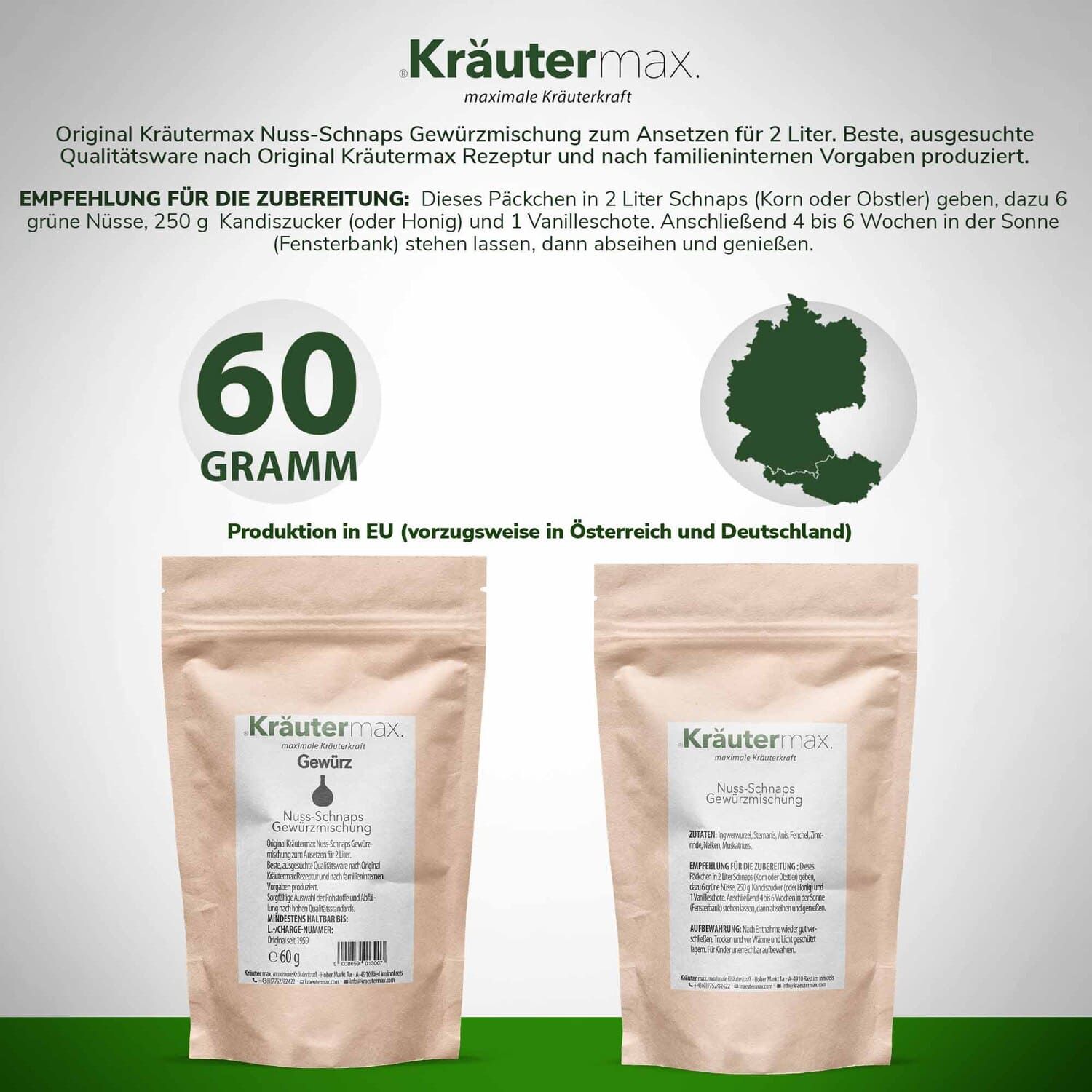 Zwei Beutel Kräutermax Gewürz, Nuss-Schnaps Gewürzmischung. 60 Gramm. Text mit Zubereitungsempfehlung. Karte mit Deutschland-Umriss.