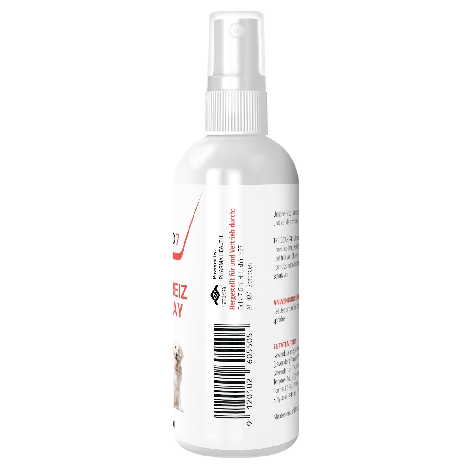 Weiße Sprühflasche mit roter und schwarzer Beschriftung. Rückseite mit Text und Inhaltsstoffen. Text: Pharma Health, etc.