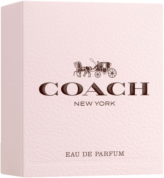Rosa Verpackung, Coach-Logo und Kutschen-Emblem. Text: COACH NEW YORK, Eau de Parfum.