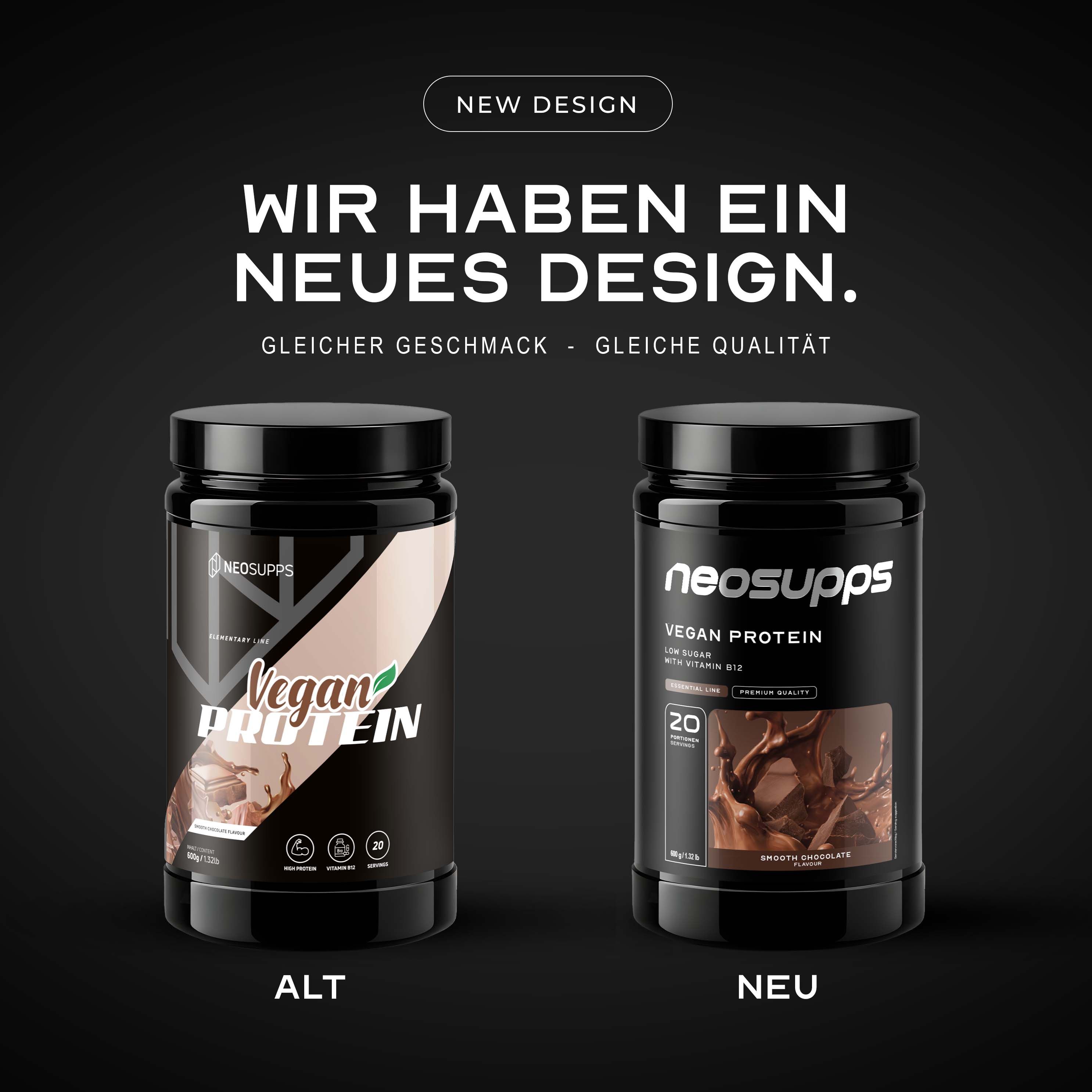 Vergleich von altem und neuem Design des Neosupps Vegan Protein Behälters.