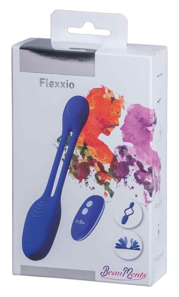 Verpackung für ein blaues Wellness-Produkt. Enthält das Produkt, eine Fernbedienung und Illustrationen. Der Markenname ist sichtbar.