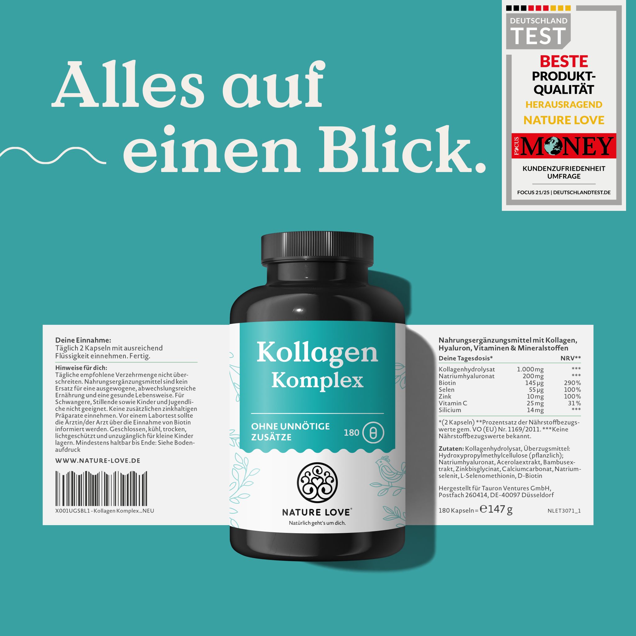 NATURE LOVE Kollagen Komplex Flasche mit geöffnetem Etikett. Zeigt Einnahmeempfehlung und Nährwertangaben.