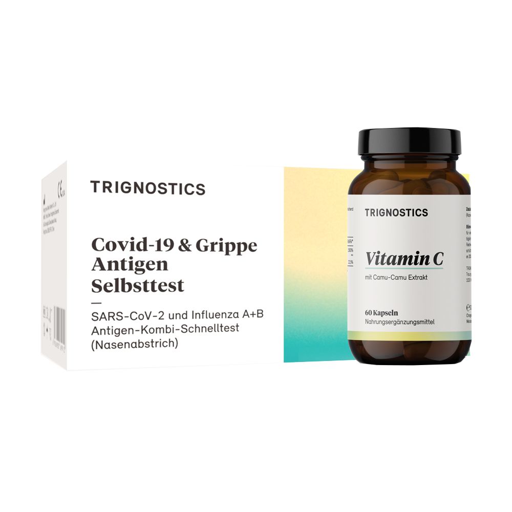 Schachtel und Flasche mit Aufschrift TRIGNOSTICS. Auf der Schachtel: Covid-19 & Grippe Antigen Selbsttest. Flasche: Vitamin C.