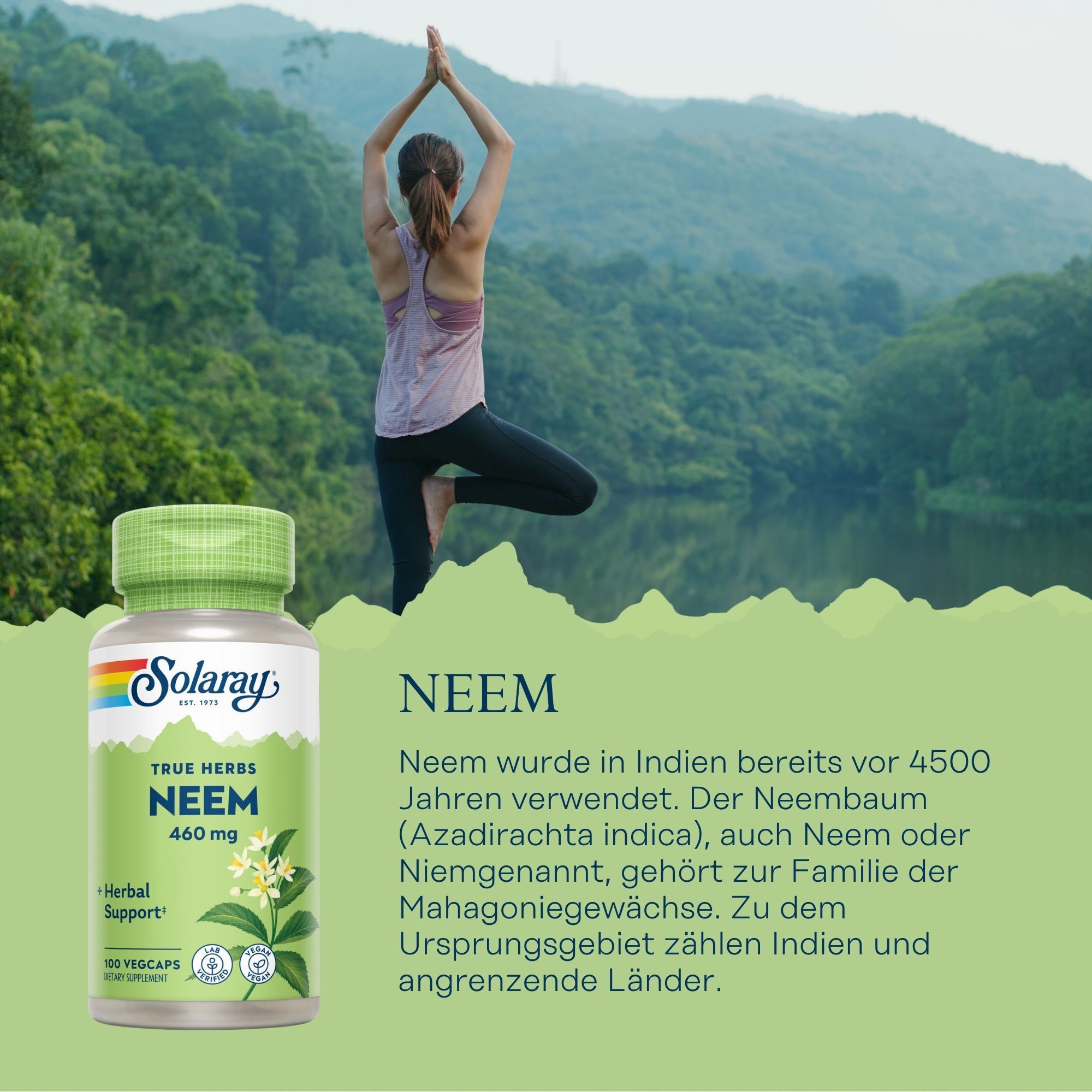 Grüne Flasche Solaray Neem 460 mg. Frau macht Yoga. Hintergrund: See und Berge. Text: Neem, True Herbs, 100 Vegcaps.