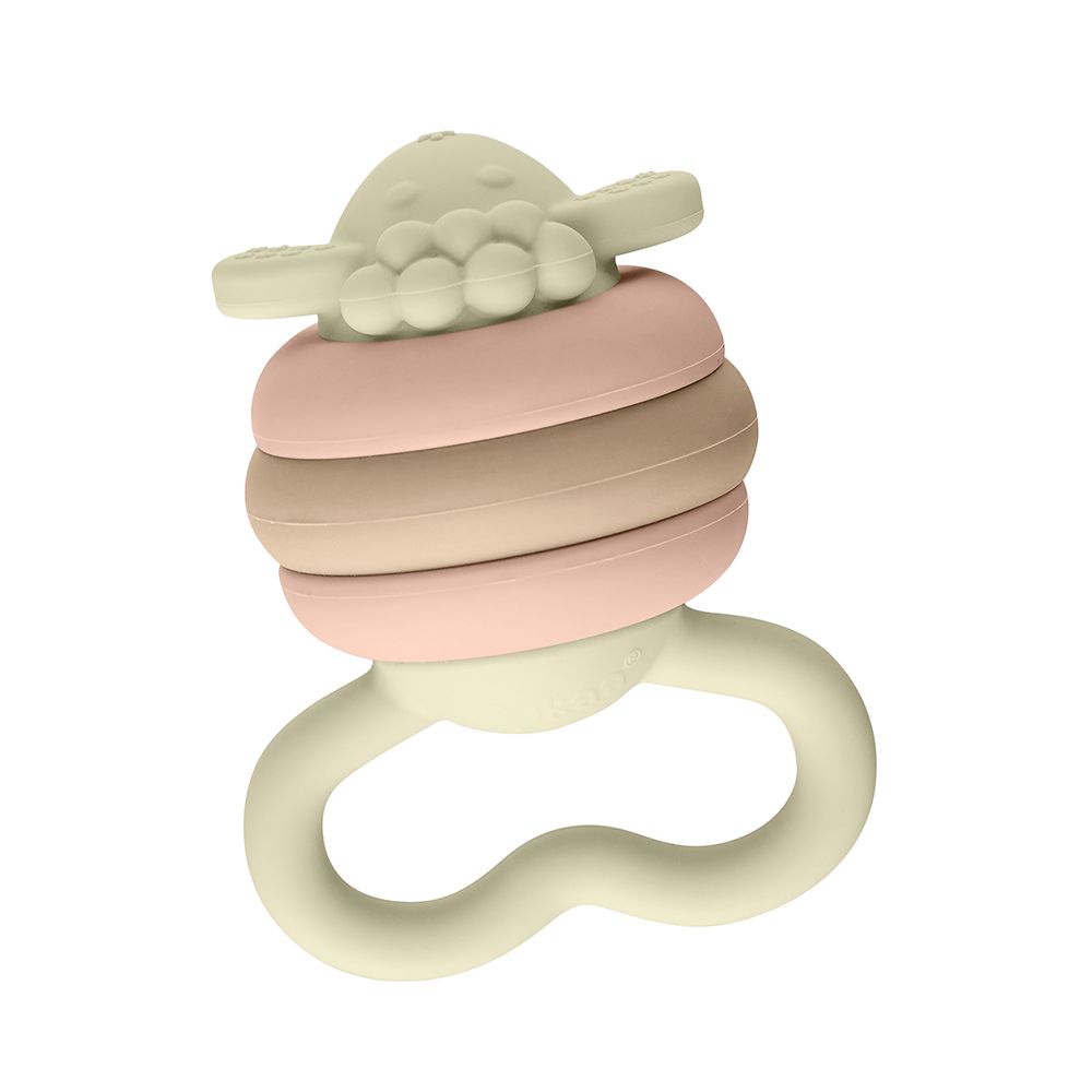 Ein Beißring in Schaf-Form mit Ringen und einem Griff.