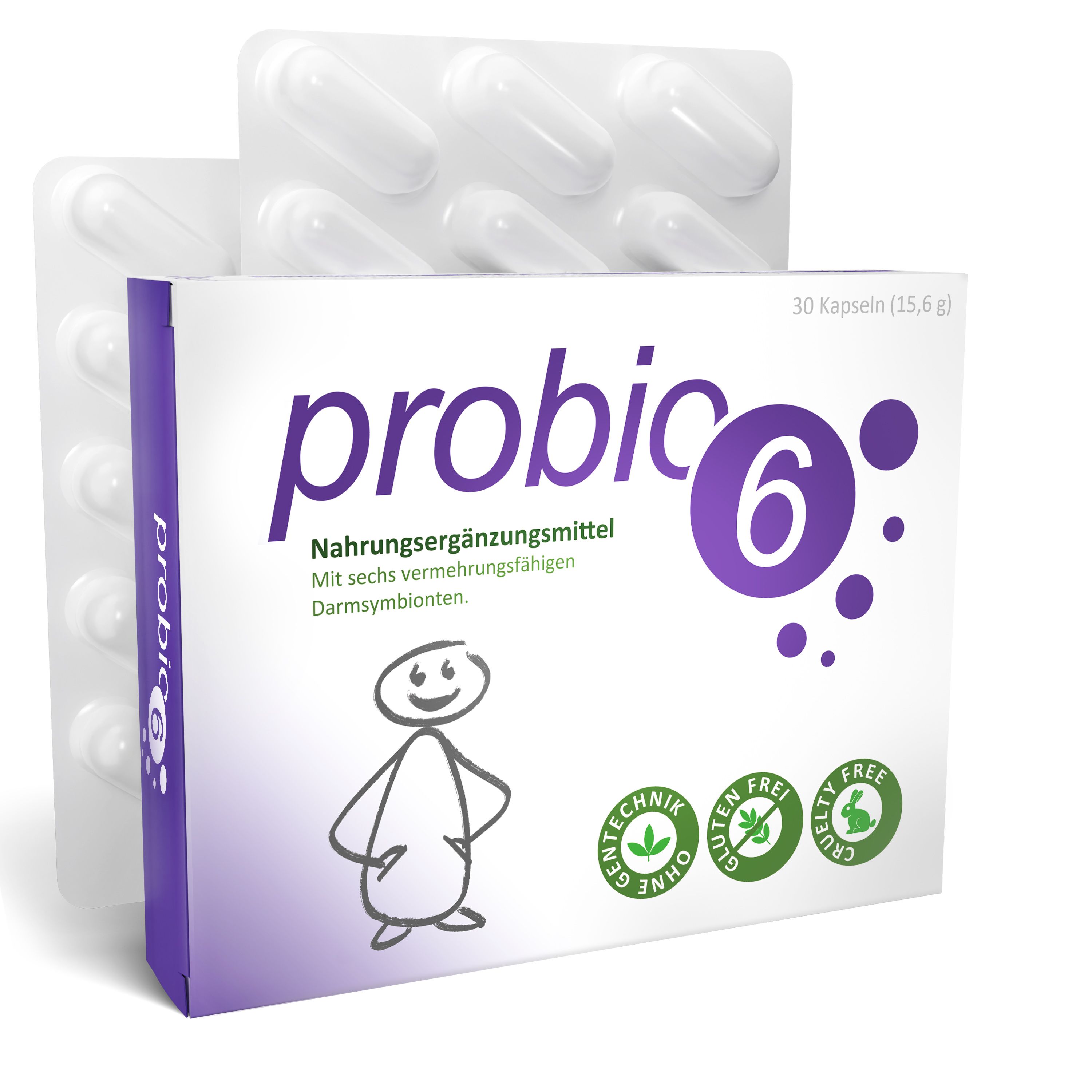 Verpackung mit probio6 Kapseln und Blister. Aufschrift: Nahrungsergänzungsmittel, 30 Kapseln, glutenfrei, ohne Gentechnik.