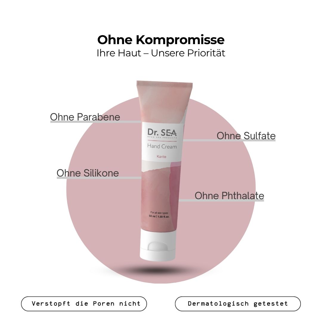 Handcreme-Tube, rosa-weiß. Text und Illustrationen. Ohne Parabene, Sulfate, Silikone, Phthalate.