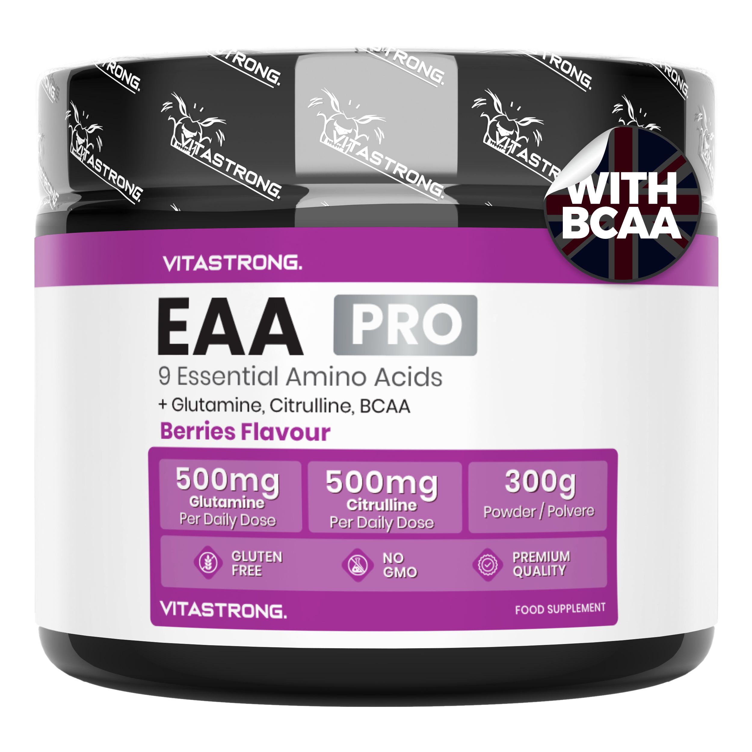 Vitastrong EAA Pro, Dose. Text: 9 essentielle Aminosäuren, Beeren-Geschmack, 300g. Glutenfrei, ohne GVO.