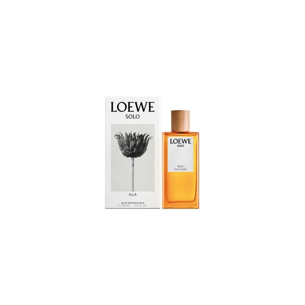 Solo Loewe Ella Edt Spray mit Verpackung. Flasche und Verpackung nebeneinander. Flasche mit Holzverschluss, gelbe Flüssigkeit.