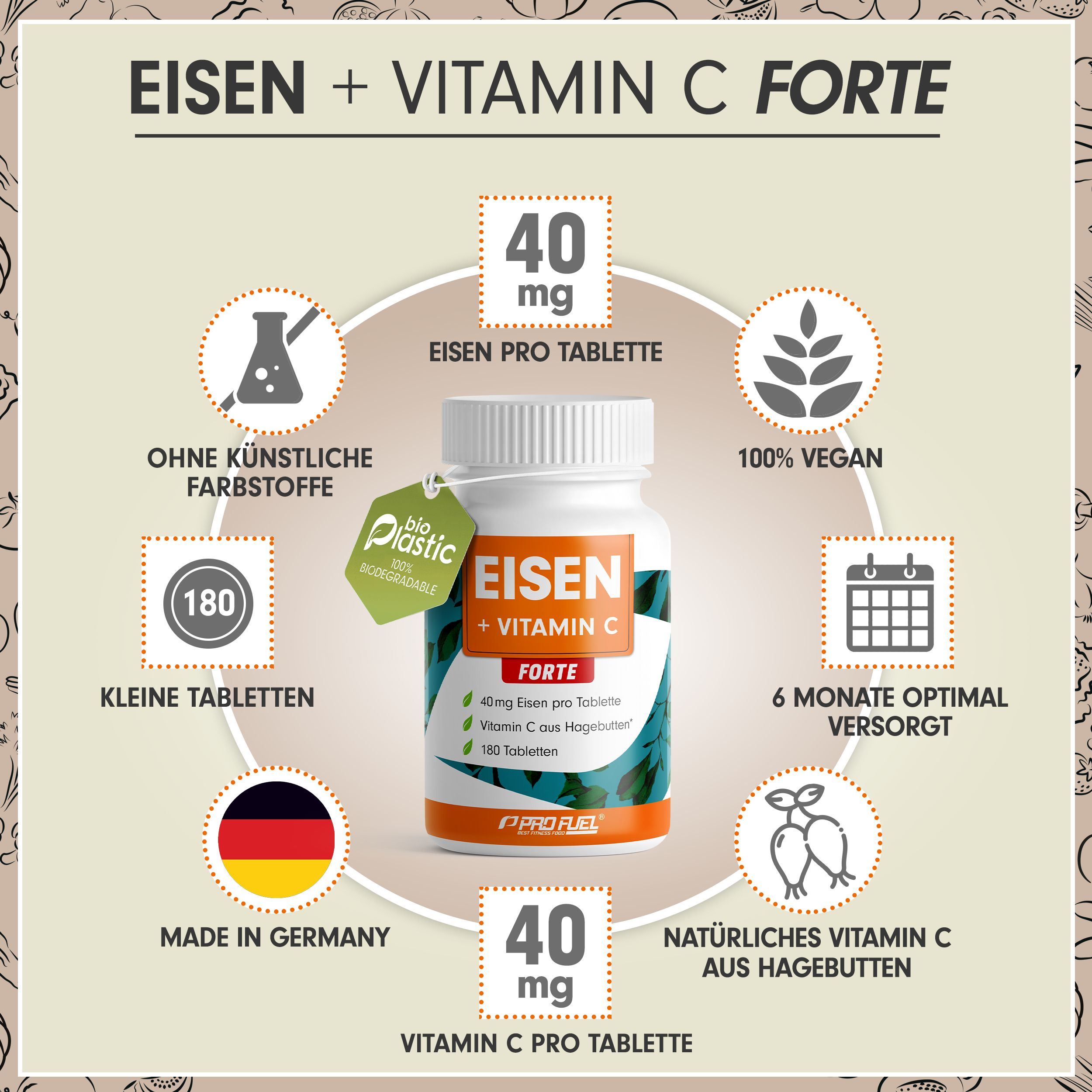 Weiße Tablettenflasche mit Etikett. Aufschrift: EISEN + VITAMIN C FORTE. Enthält 180 Tabletten. Hergestellt in Deutschland. 100% vegan.
