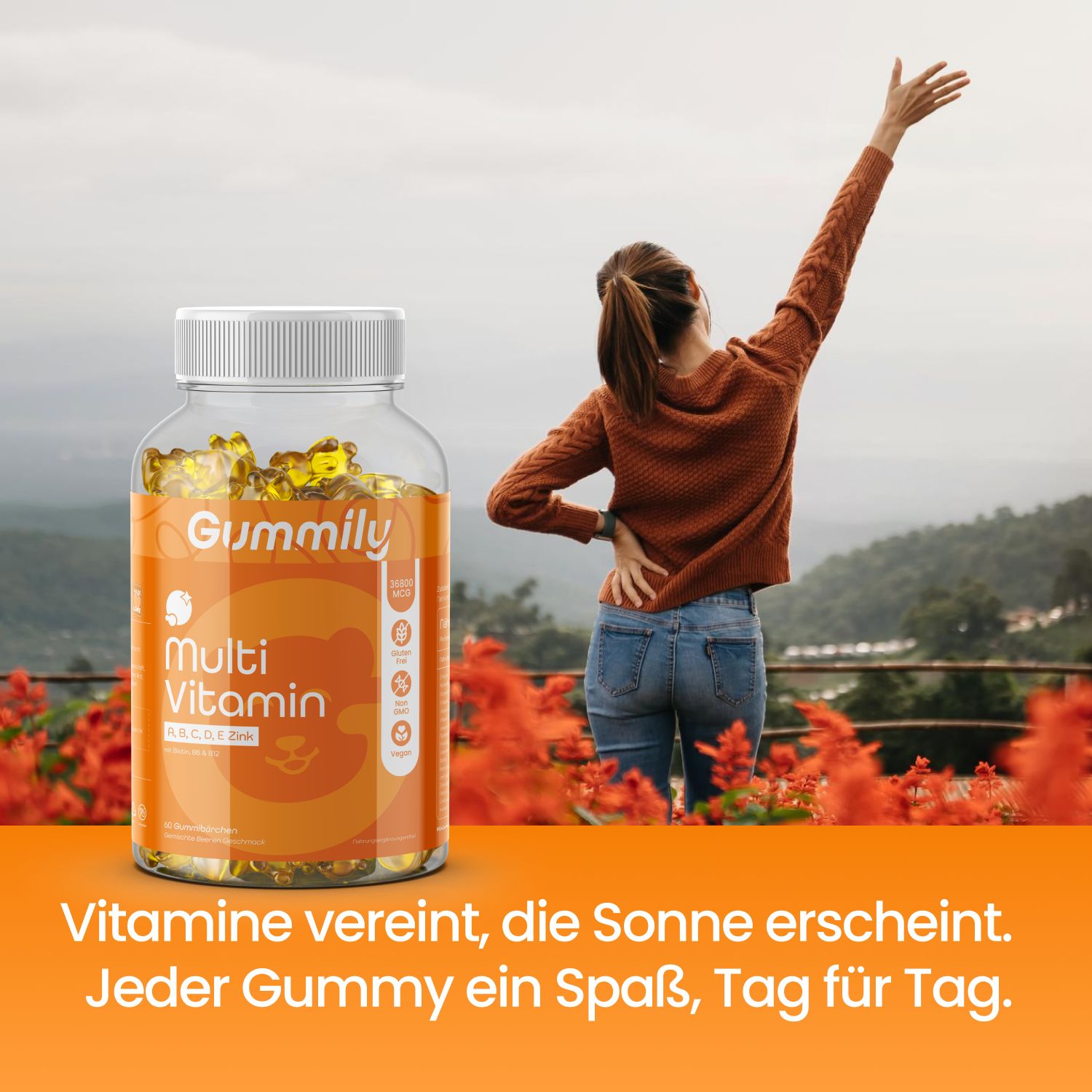 Gummily Multivitamin-Gummibärchen neben einer Frau. Text: Vitamine vereint, die Sonne erscheint. Jeder Gummy ein Spaß, Tag für Tag.