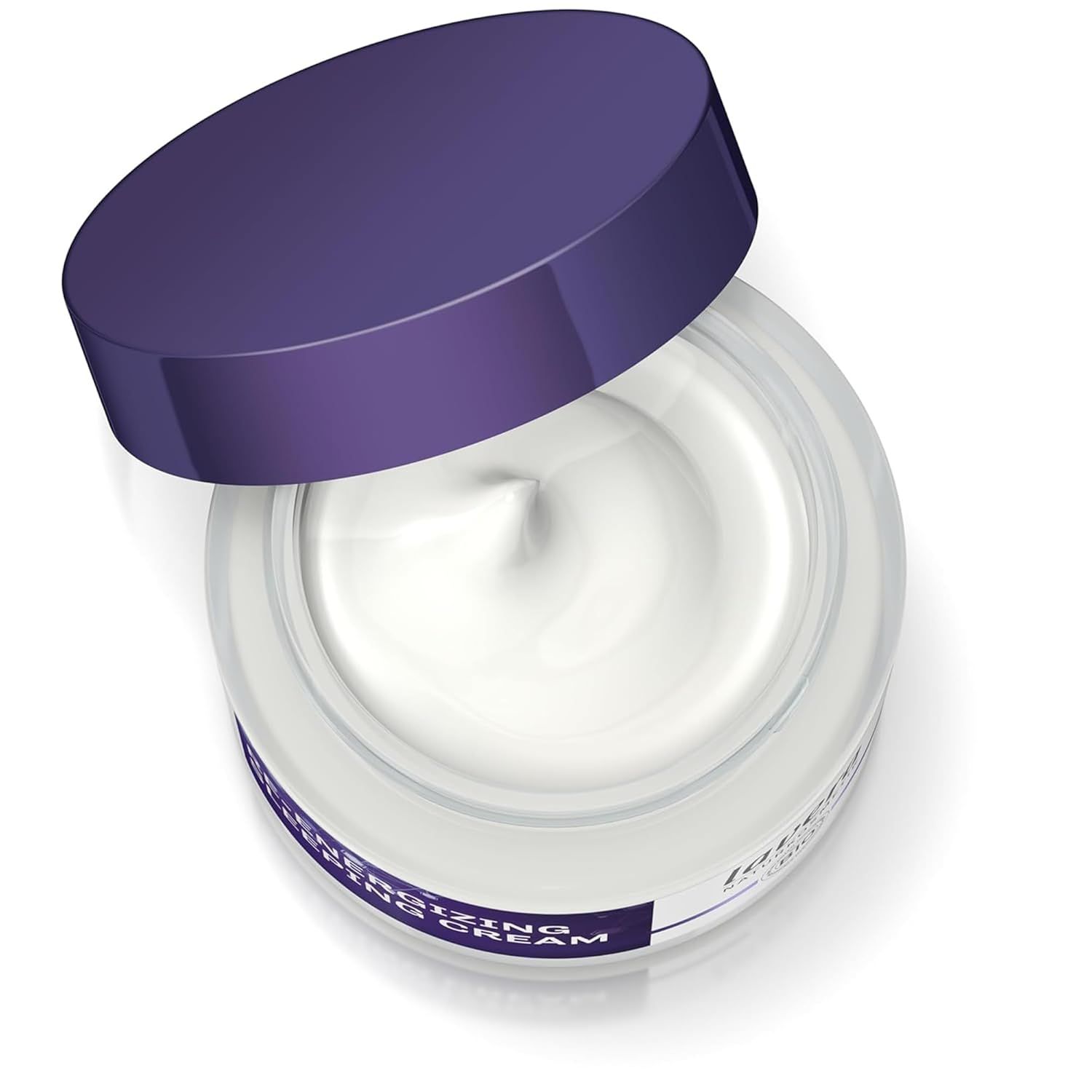Glasbehälter mit geöffnetem lila Deckel. Weiße Creme sichtbar. Aufschrift: Re-Energizing Sleeping Cream.