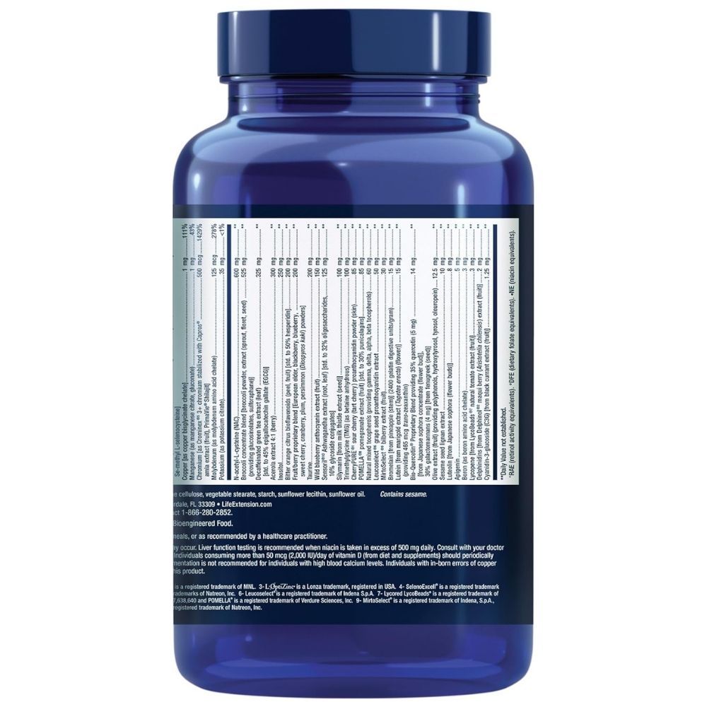 Rückseite eines Life Extension Mix Kapseln Fläschchens mit detaillierten Inhaltsstoffinformationen.