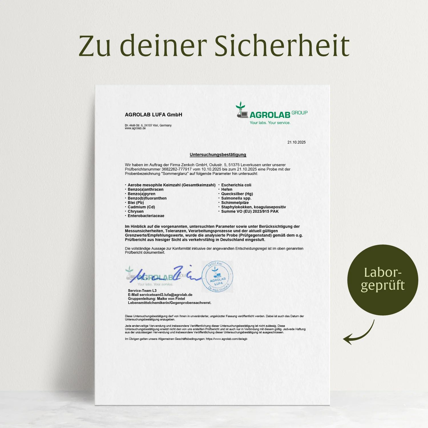 Laborbericht für NATURTREU Sommerglanz Kapseln, bestätigt durch AGROLAB LUFA. 'Labor-geprüft' Siegel.