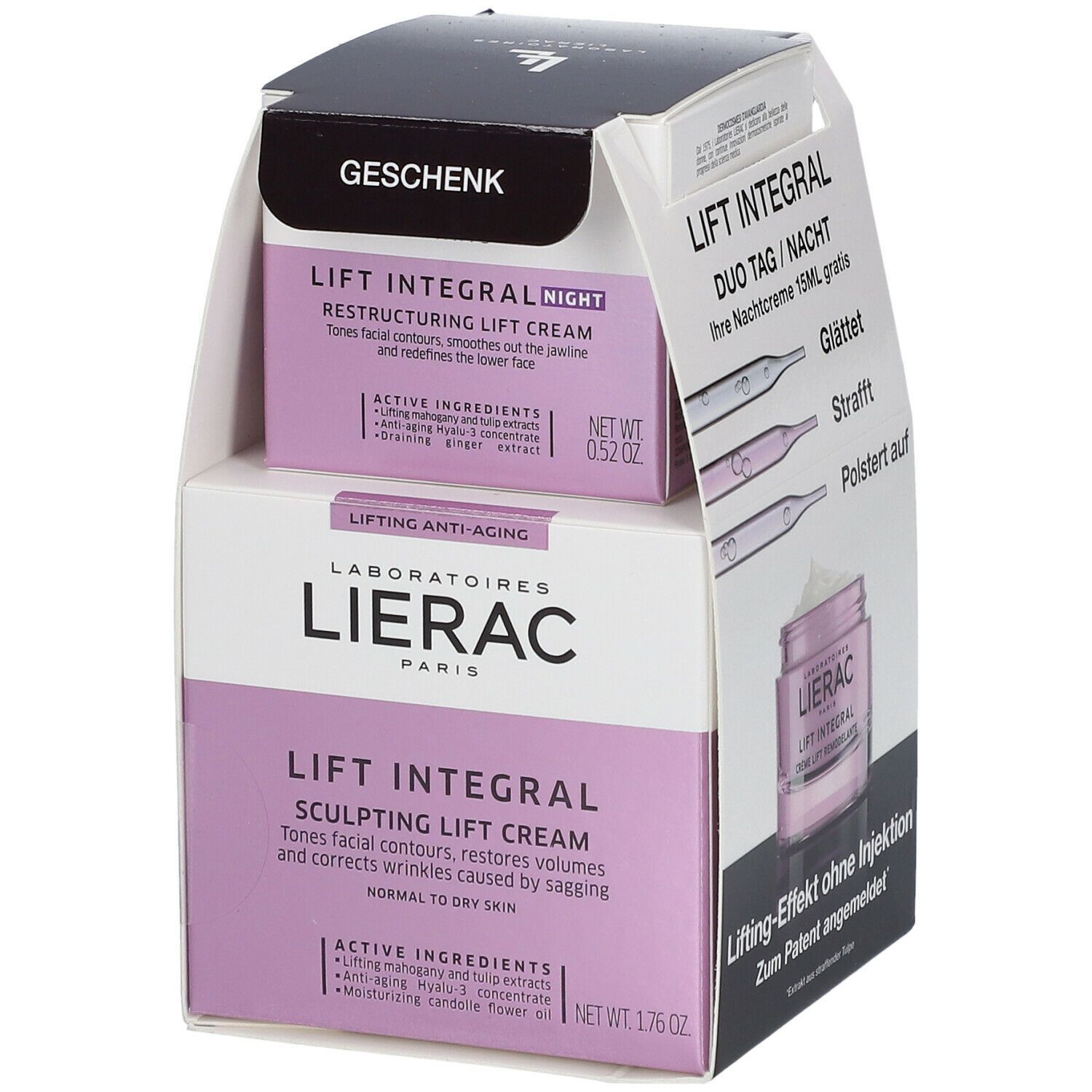 Verpackung mit LIERAC LIFT INTEGRAL Creme. Die Verpackung enthält eine Creme und eine kleinere Creme, mit Text und Produktnamen.