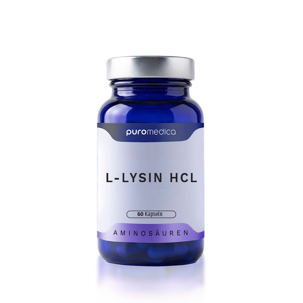 Blauer Behälter mit L-Lysin HCL Kapseln, 60 Stück.