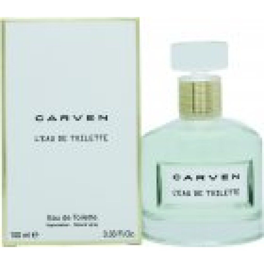 Flakon und Verpackung. Aufschrift: CARVEN L'EAU DE TOILETTE. Flakon mit goldfarbenem Hals und weißem Deckel. Verpackung weiß.