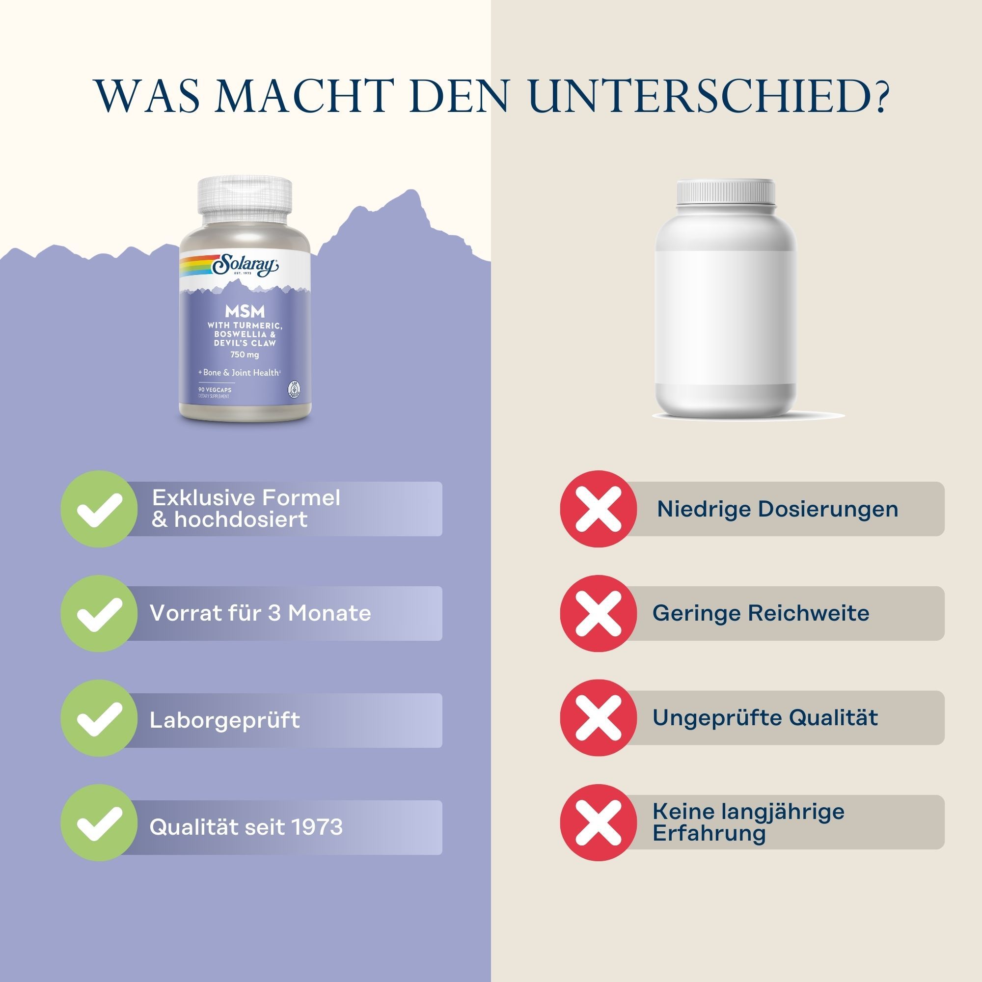 Vergleich Solaray MSM Flasche mit leerer Flasche. Text: Exklusive Formel, 3 Monate Vorrat, Laborgeprüft, Qualität seit 1973.