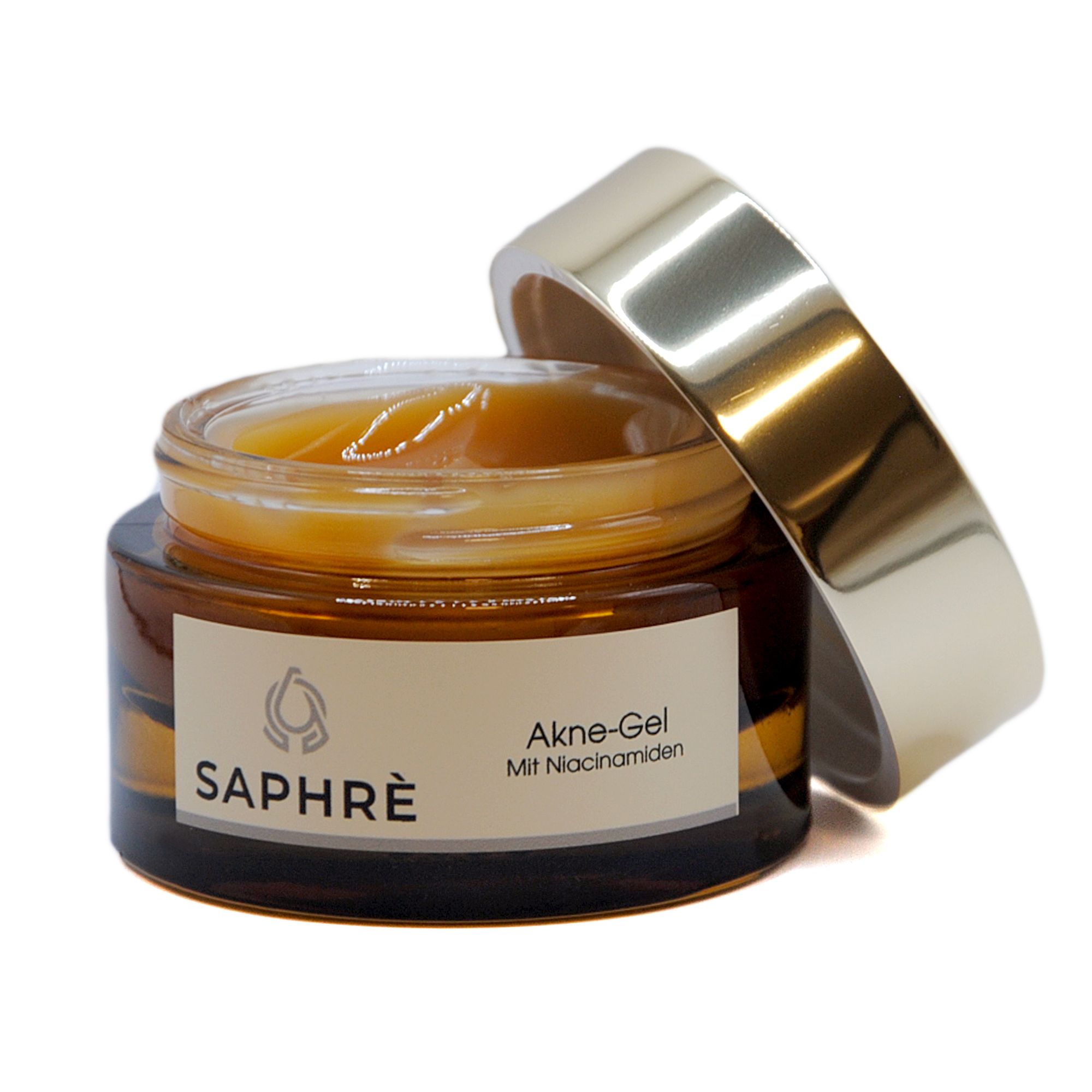 Geöffnetes braunes Glas mit goldenem Deckel. Gel sichtbar. Etikett mit Logo und Schriftzug 'Akne-Gel Mit Niacinamiden'.