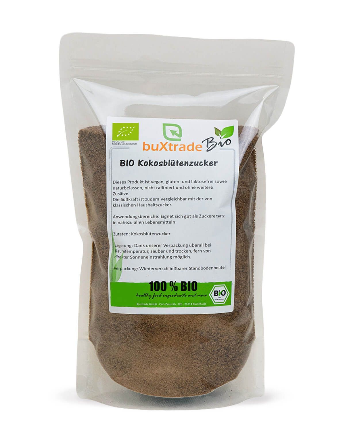Bio Kokosblütenzucker in einem wiederverschließbaren Standbodenbeutel mit 100% BIO Siegel.