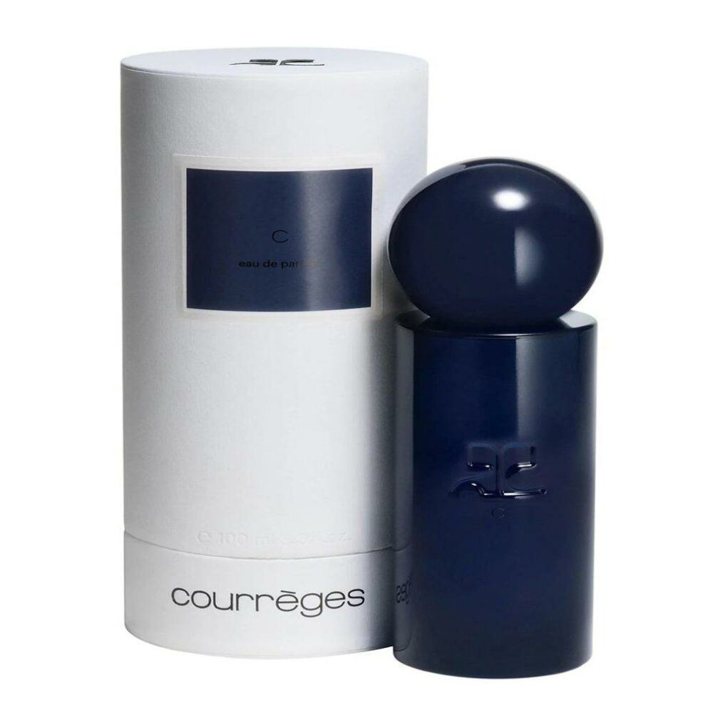Blauer Parfumflakon und weiße Verpackung. Aufschrift "C Eau de Parfum Spray" und "Courrèges". Zylindrische Form.