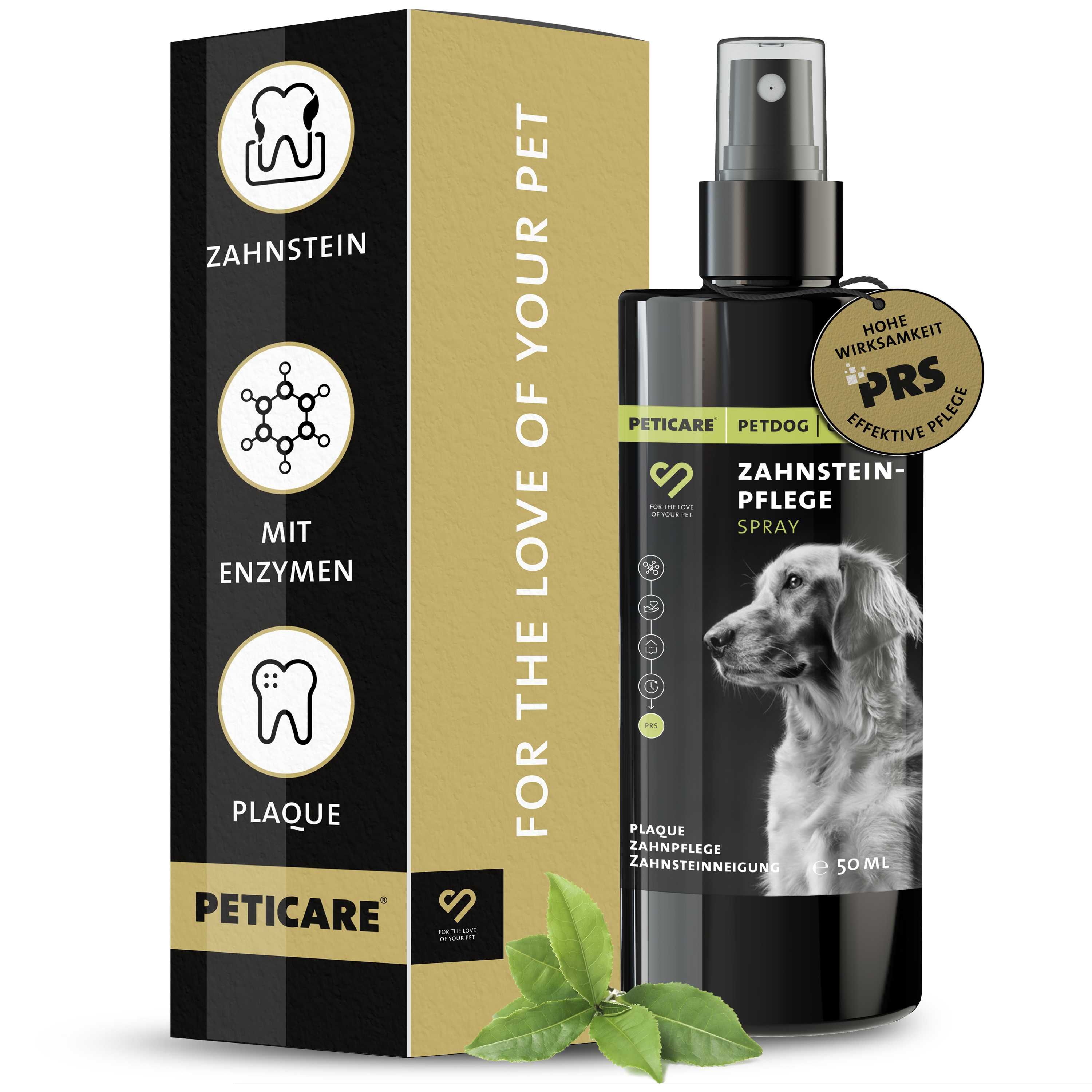Peticare Zahnsteinpflege Spray Flasche und Karton mit Icons für Zahnstein, Enzyme und Plaque.