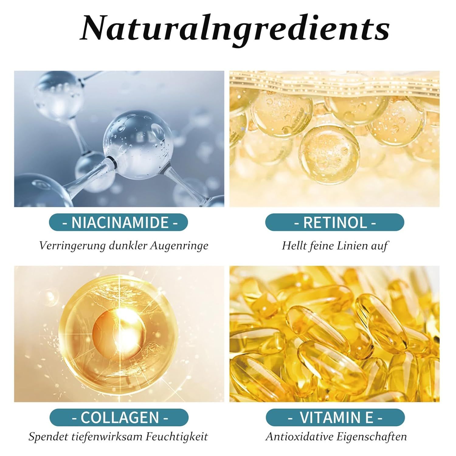 Natürliche Inhaltsstoffe der Soleneva Retinol Creme: Niacinamid, Retinol, Kollagen, Vitamin E.