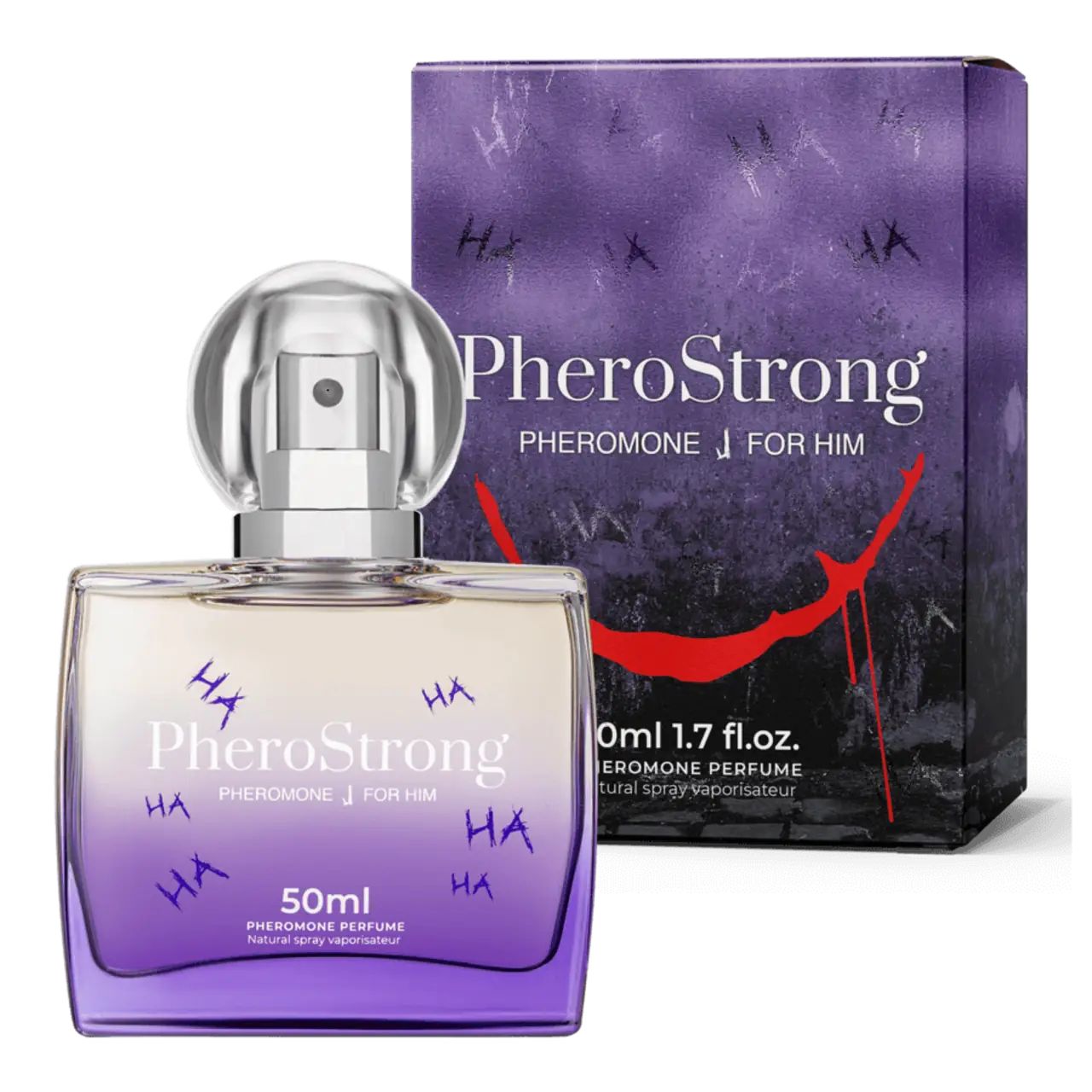 PheroStrong Parfümflakon und Kartonverpackung, 50ml, mit lila Farbverlauf und "HA"-Schriftzug.