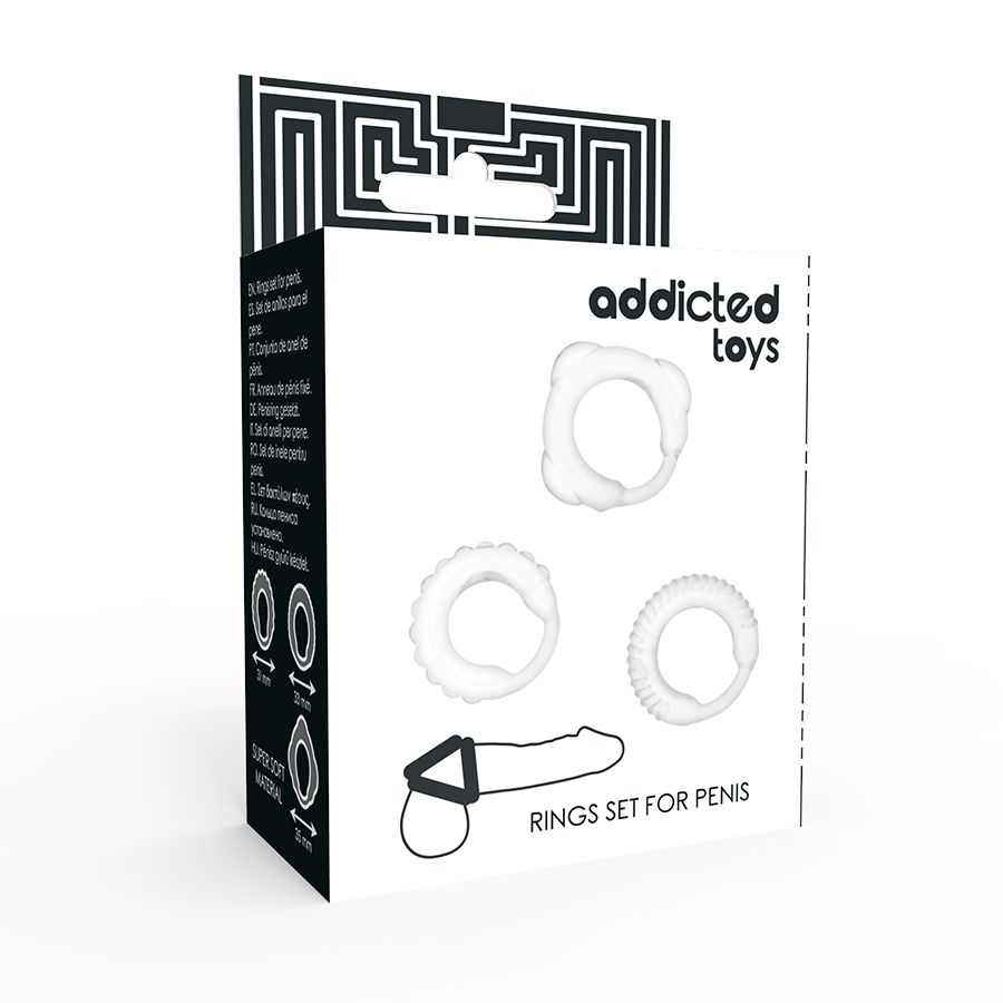 Verpackung mit drei C-Ringen. Text: 'addicted toys', 'RINGS SET FOR PENIS'. Abbildung eines Penis mit Ring.
