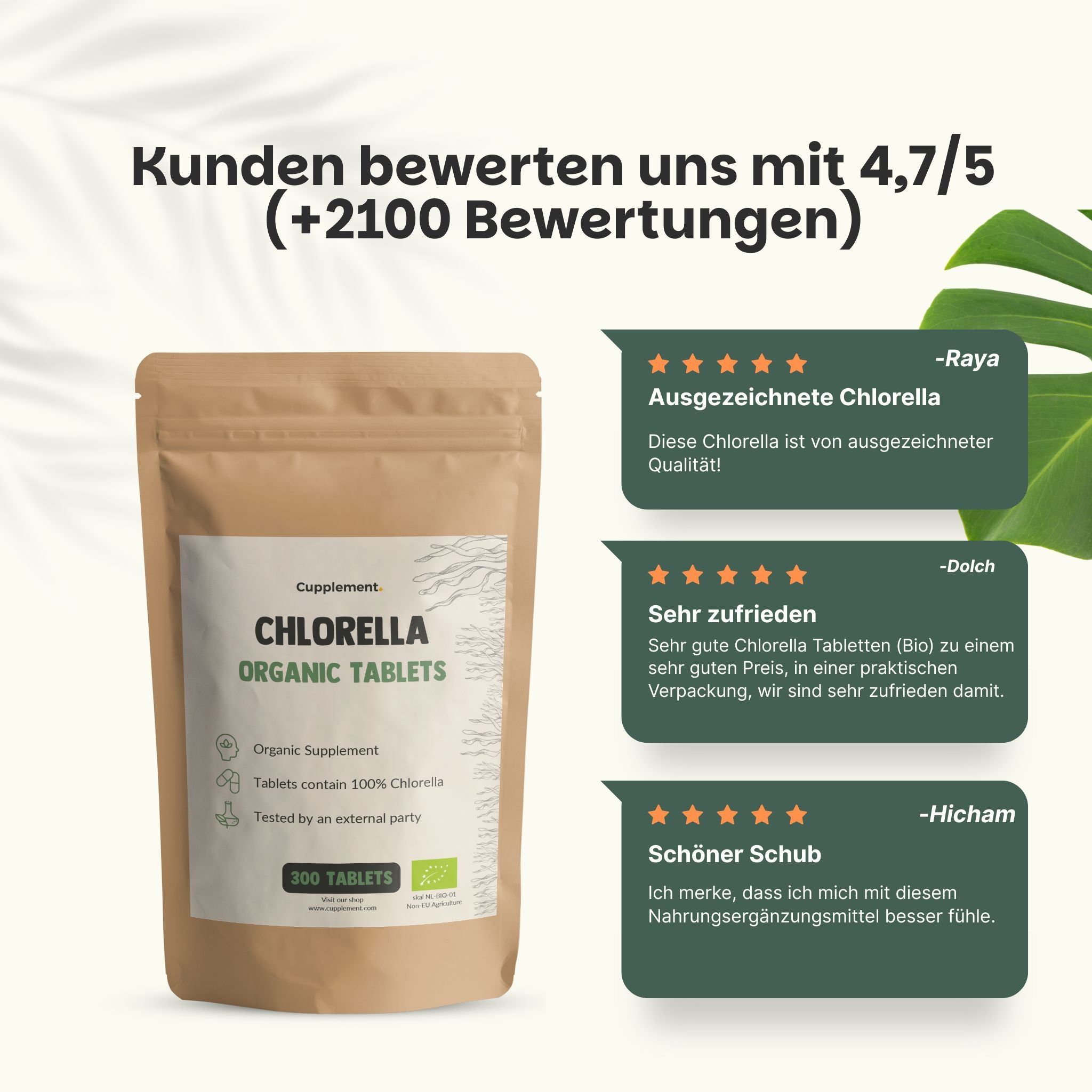 Brauner Beutel mit weißem Etikett. Text: Chlorella Organic Tablets, 300 Tabletten. Kunden bewerten uns mit 4.7/5.