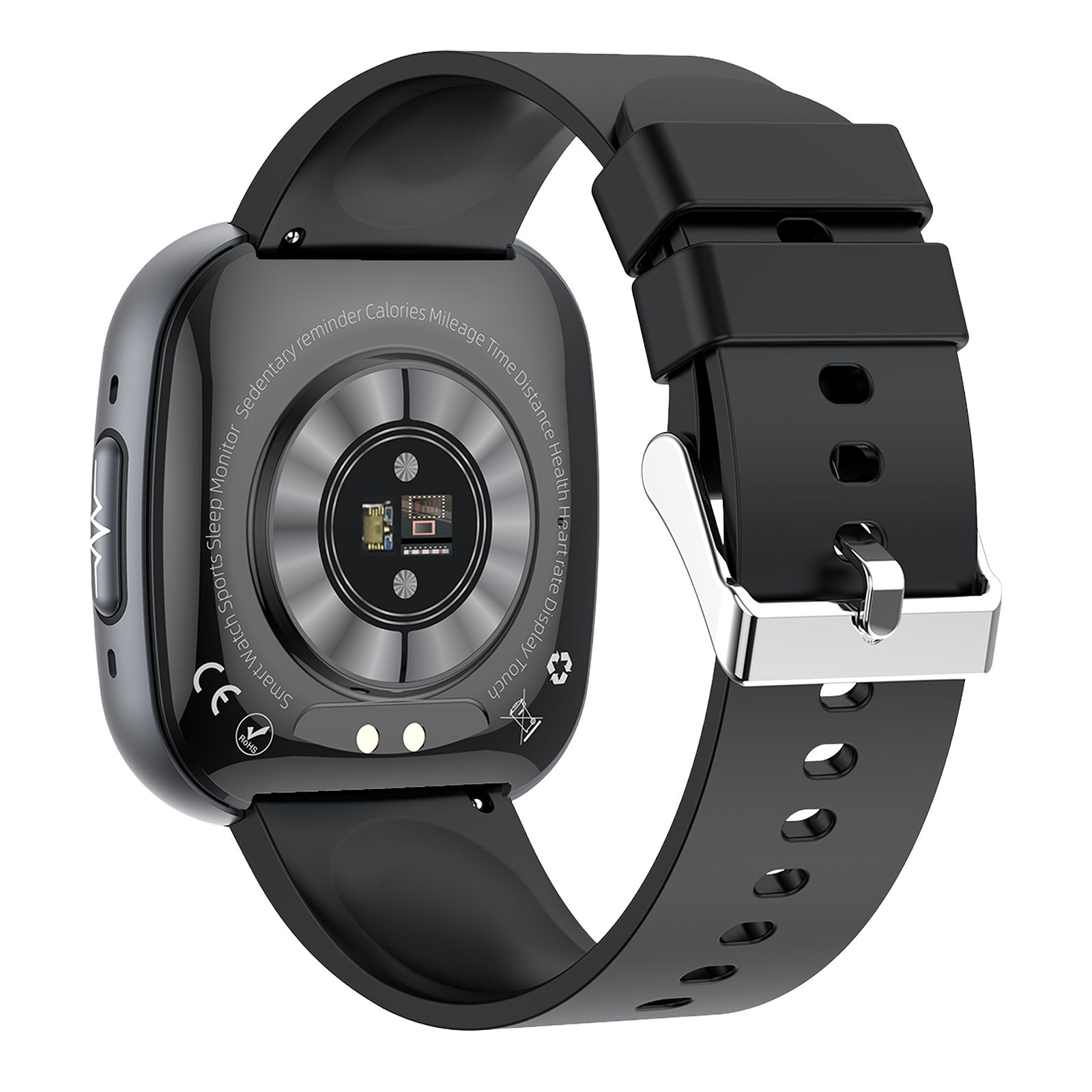 Rückseite einer schwarzen Smartwatch. Sensoren und Ladekontakte. Schwarzes Armband mit silberner Schnalle. CE-Kennzeichnung.