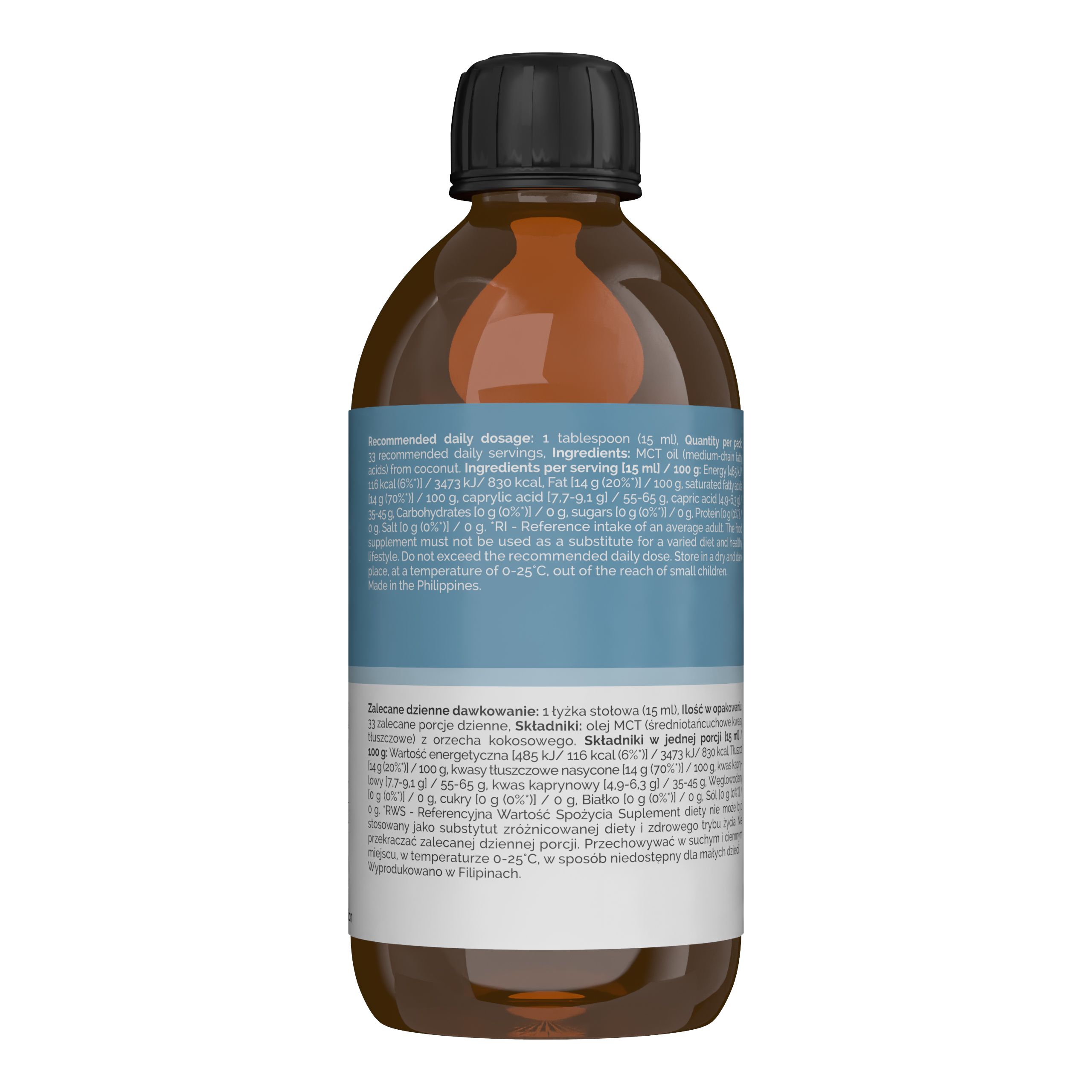 Rückseite einer Flasche Vitaler's Kokos MCT Öl mit detaillierten Nährwertangaben und Anwendungshinweisen in mehreren Sprachen.