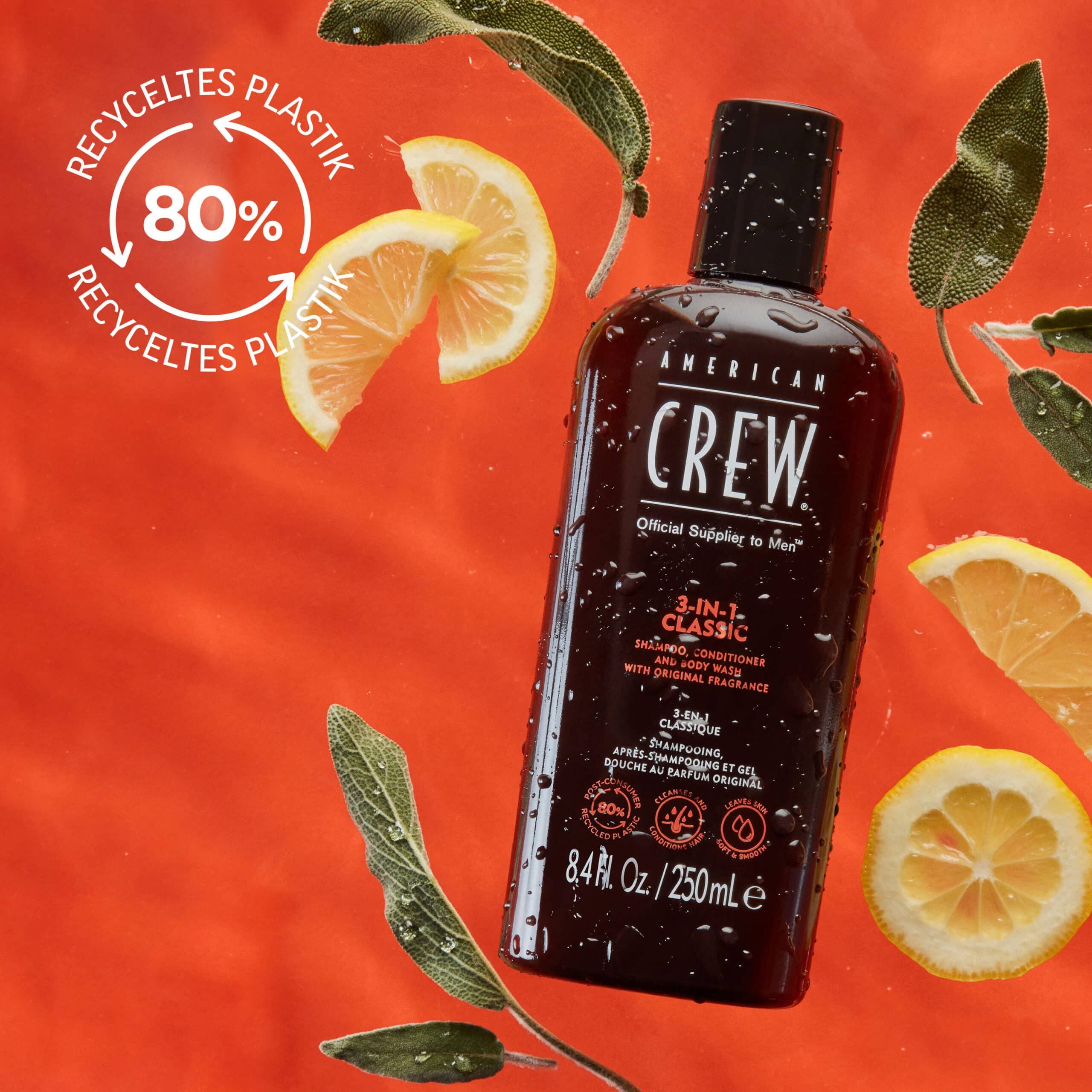 AMERICAN CREW 3-in-1 Classic Shampoo-Flasche mit Zitronen und Blättern. Text: Shampoo, Conditioner und Body Wash. 250 ml. 80% recyceltes Plastik.
