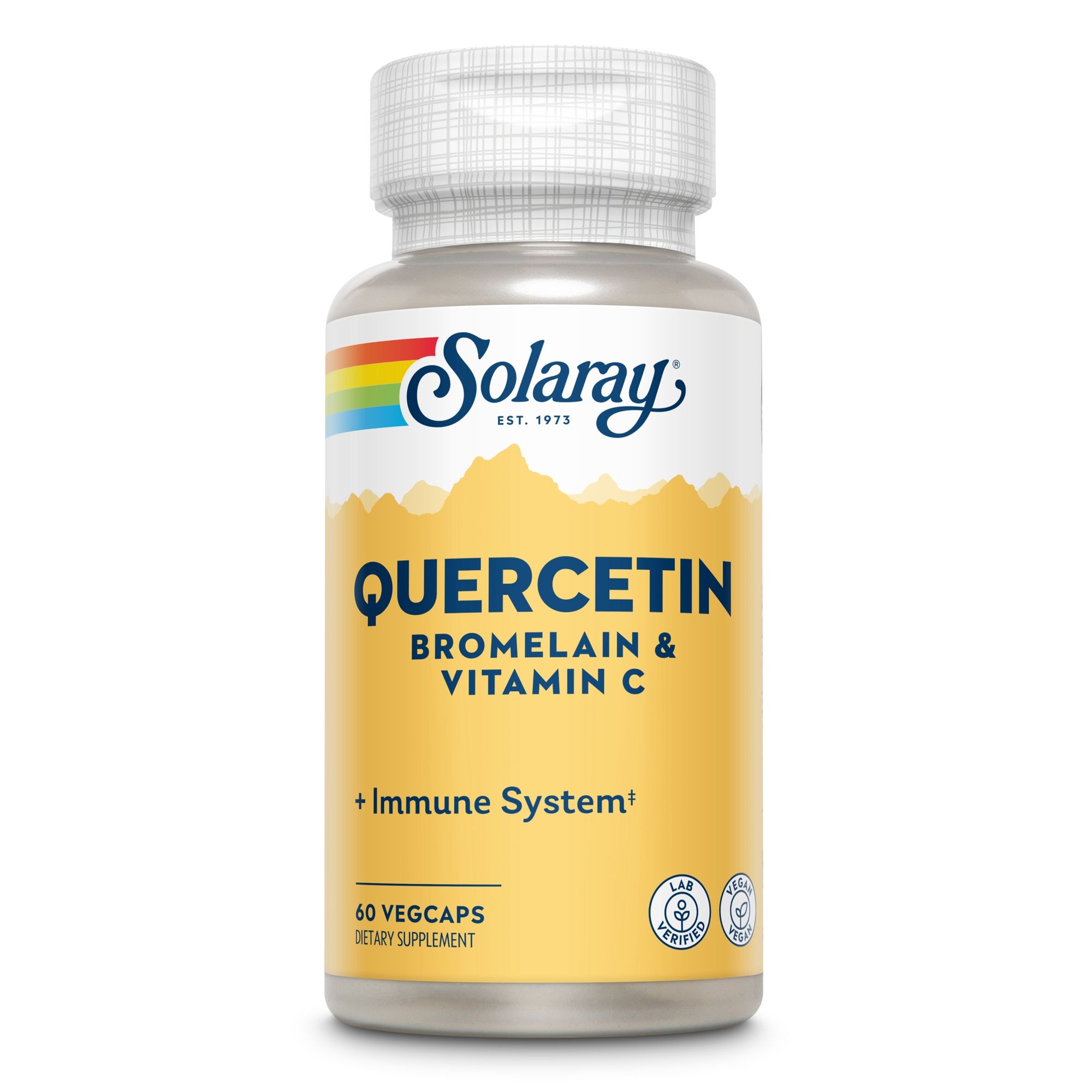 Solaray-Produktflasche mit Aufschrift Quercetin, Bromelain & Vitamin C. 60 Vegcaps. Dietary Supplement. Logo Solaray.
