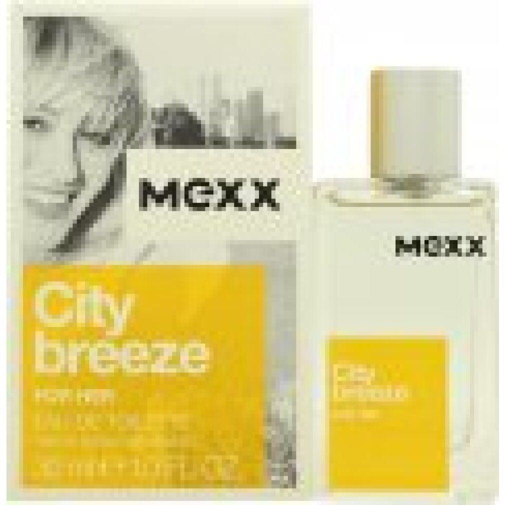 Flakon und Verpackung. Auf der Verpackung sind ein Frauenporträt, der Schriftzug "City breeze FOR HER" und der Markenname "MEXX" zu sehen. Die Flasche ist teilweise sichtbar.
